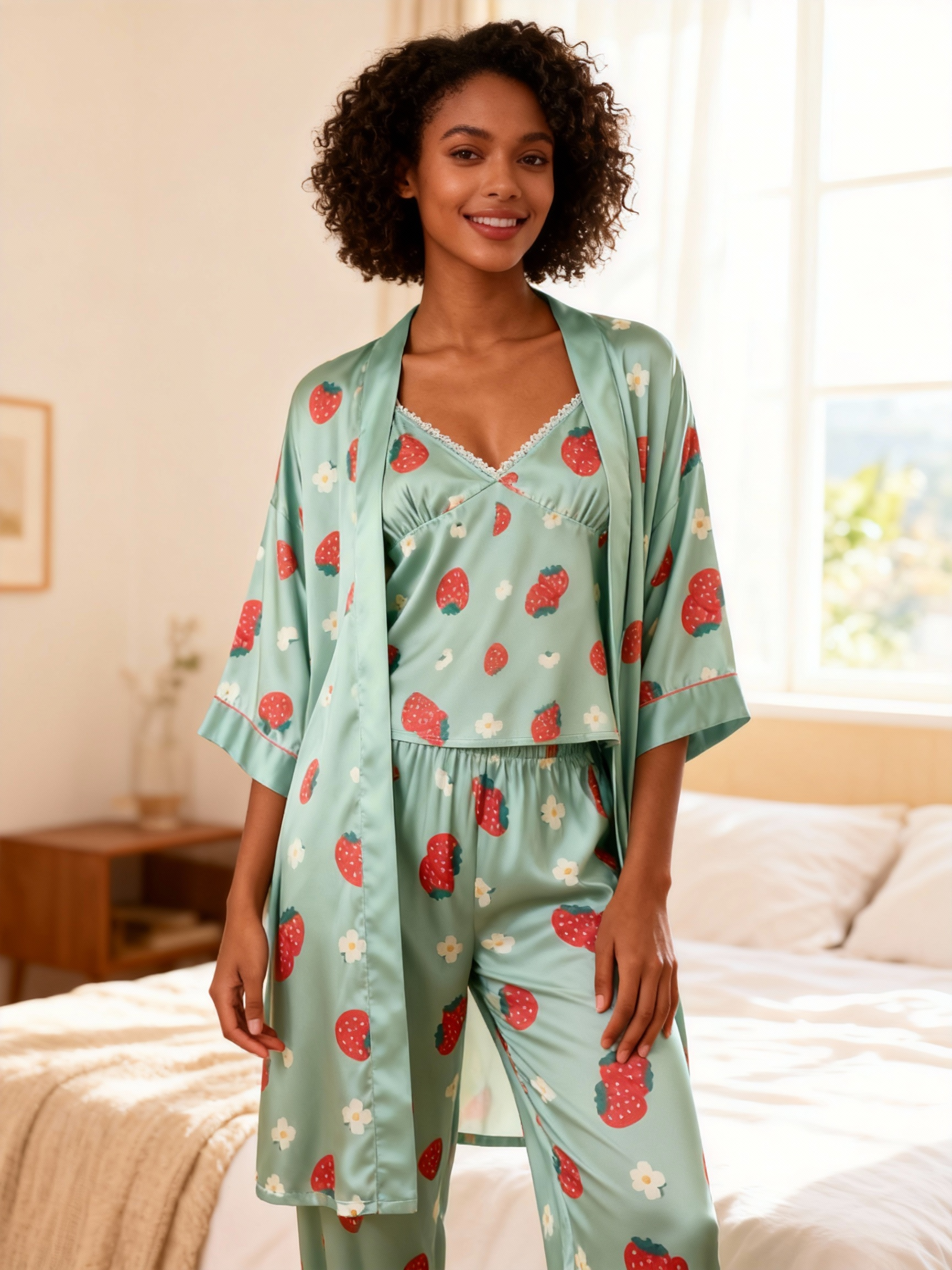 Cute Stawberry Print Feminine Satin Pajama Trio