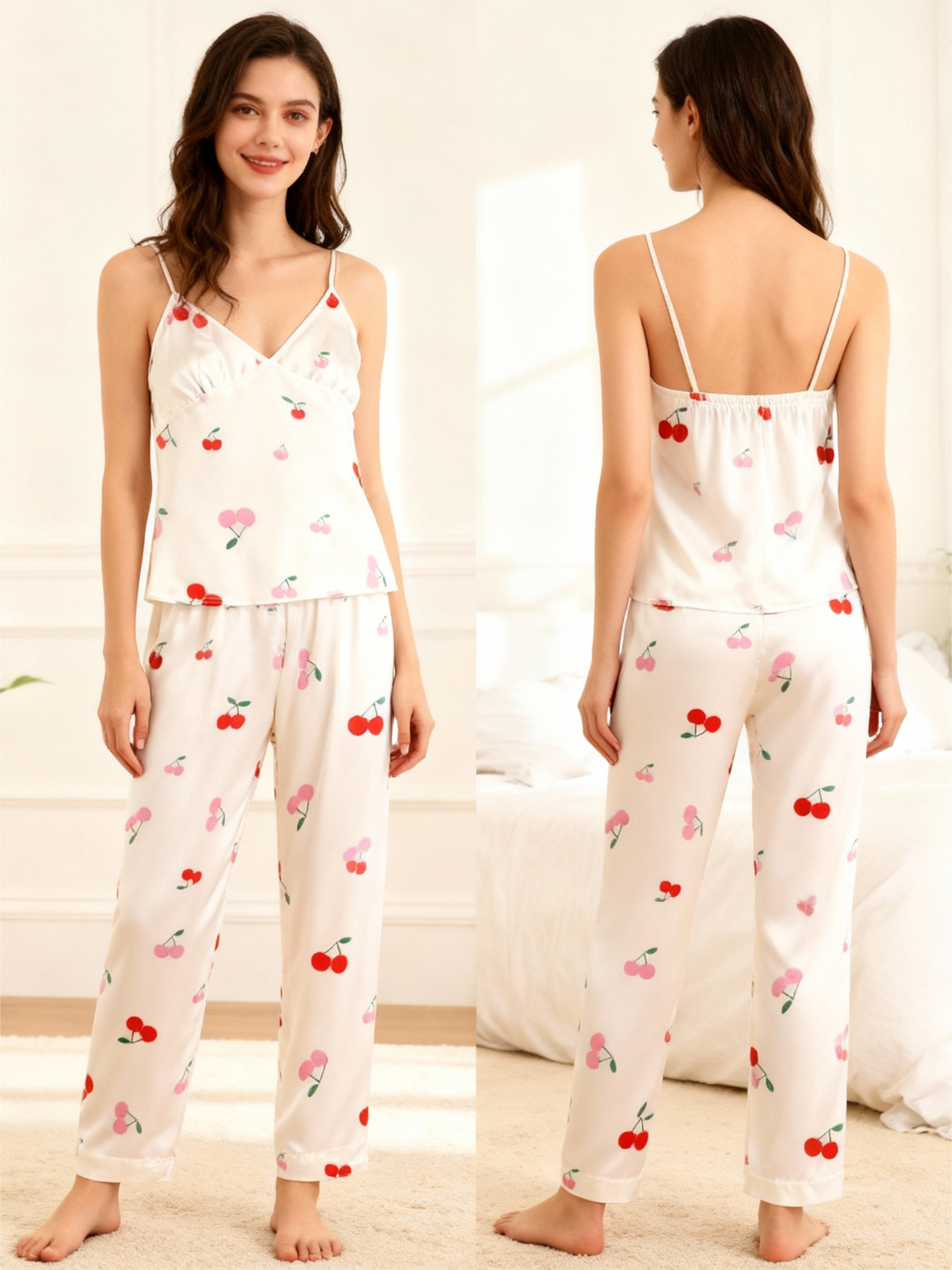 Feminine Cute Cherry Print Satin Pajama Trio