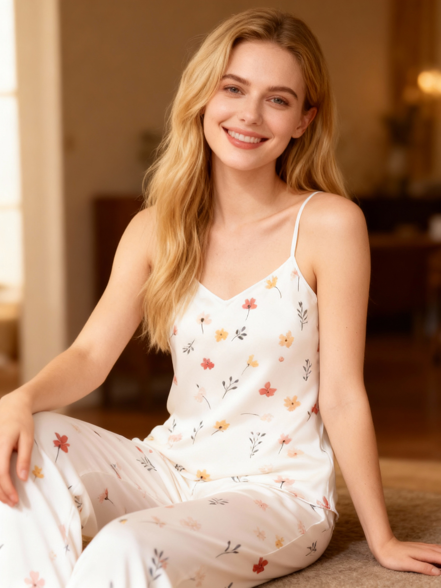 Women's Satin 3-Piece Loungewear Set in Mini Blossoms Style