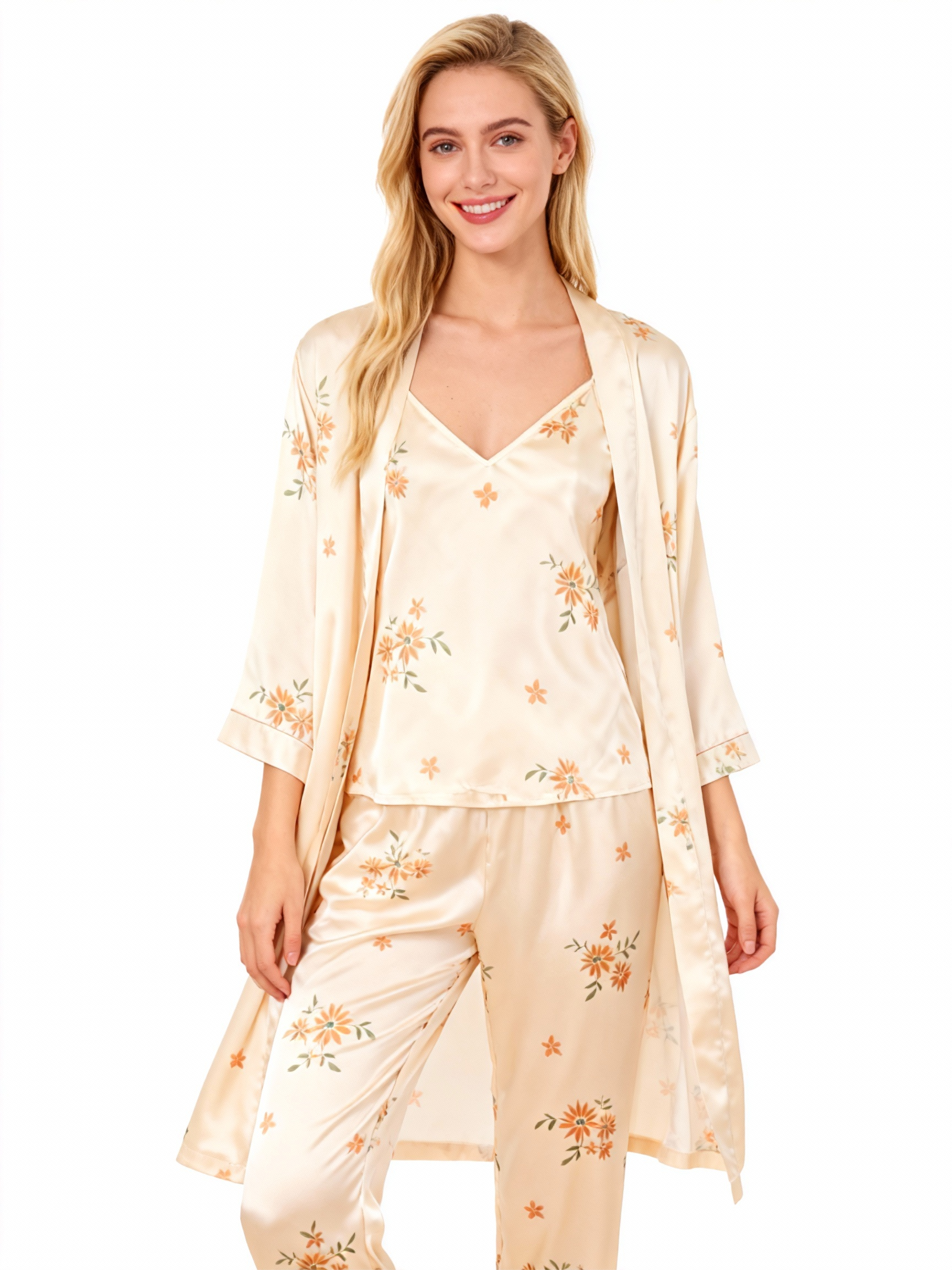 Silky Satin 3-Piece Nightwear Set with Tiny Florals Design