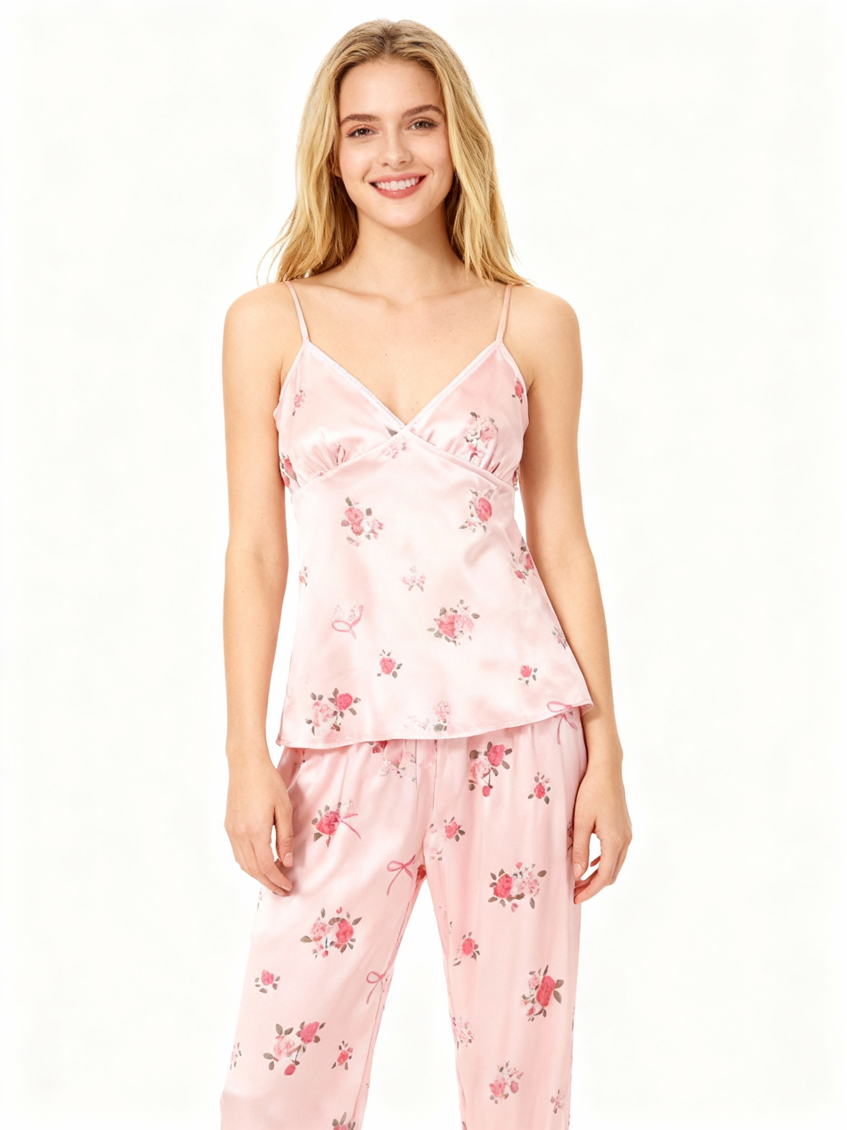 Women's Pink Silky Satin Homewear Set with Romantic Floral Motifs