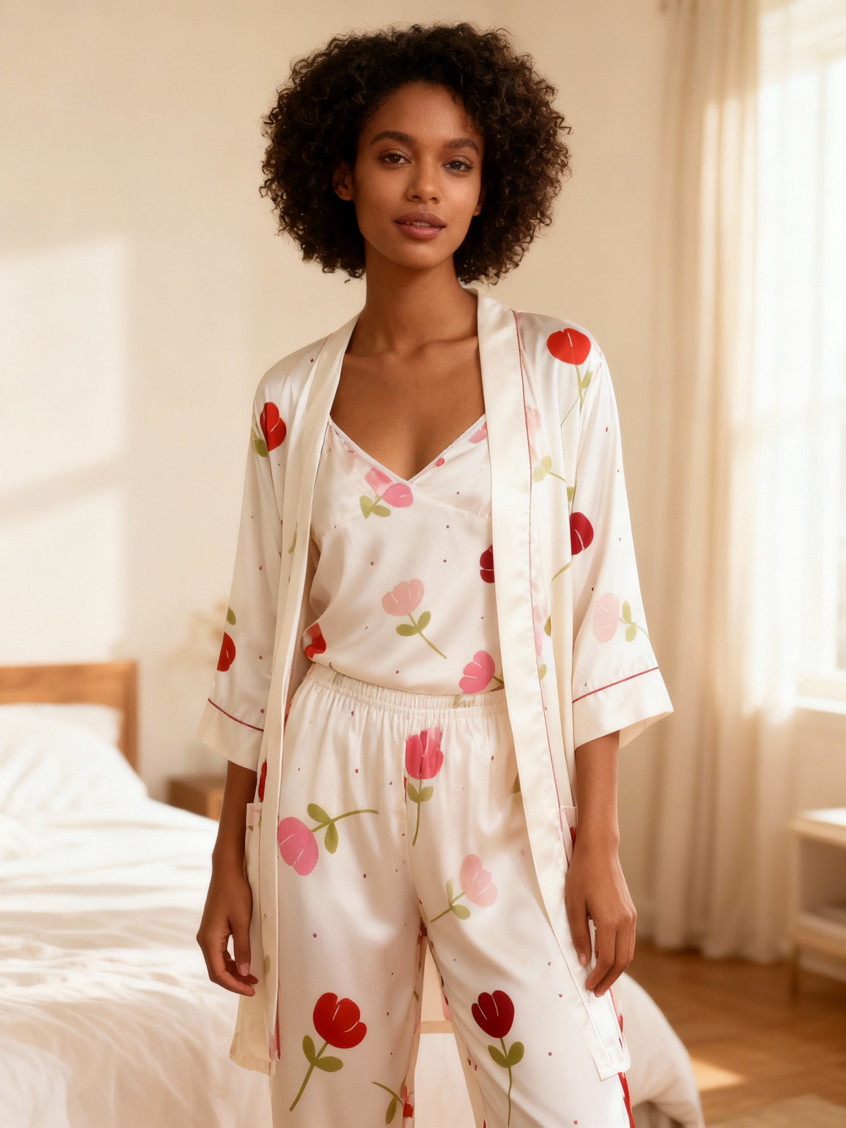 Feminine Satin Pajama Trio with Soft Floral Details