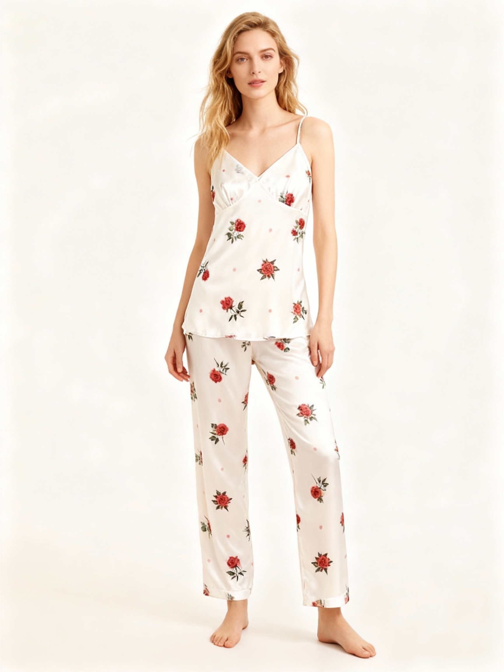 Silky Satin 3-Piece Nightwear Set with Romantic Rose Design