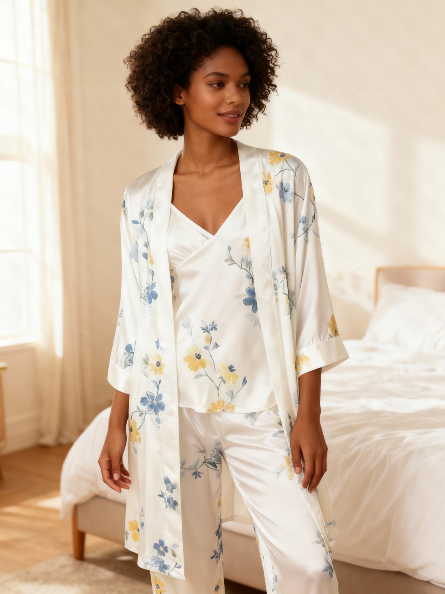 Chic 3-Piece Satin Nightwear Set Featuring Whisper Floral Motifs