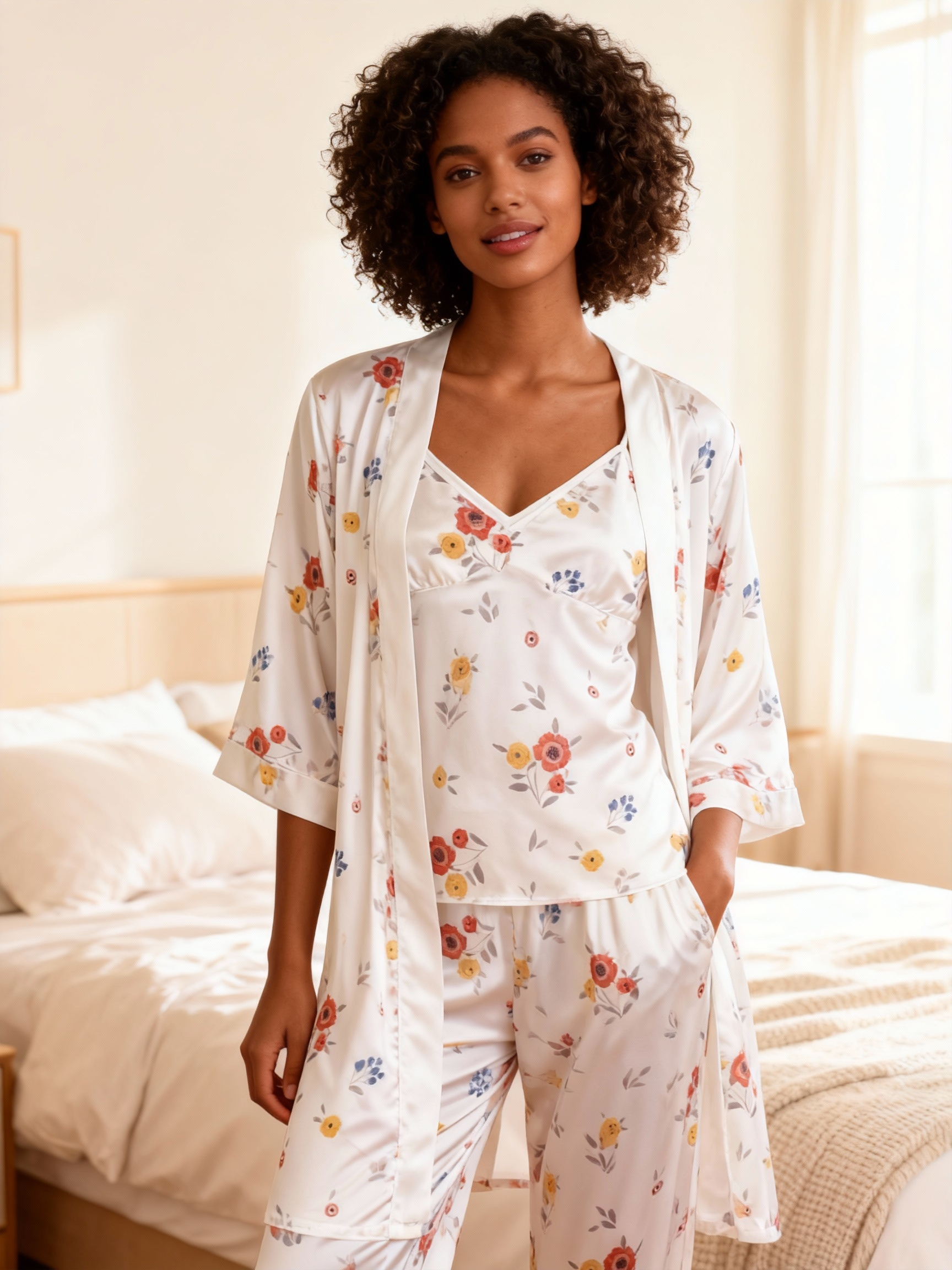 Satin 3-Piece Sleepwear Set with Tiny Floral Design
