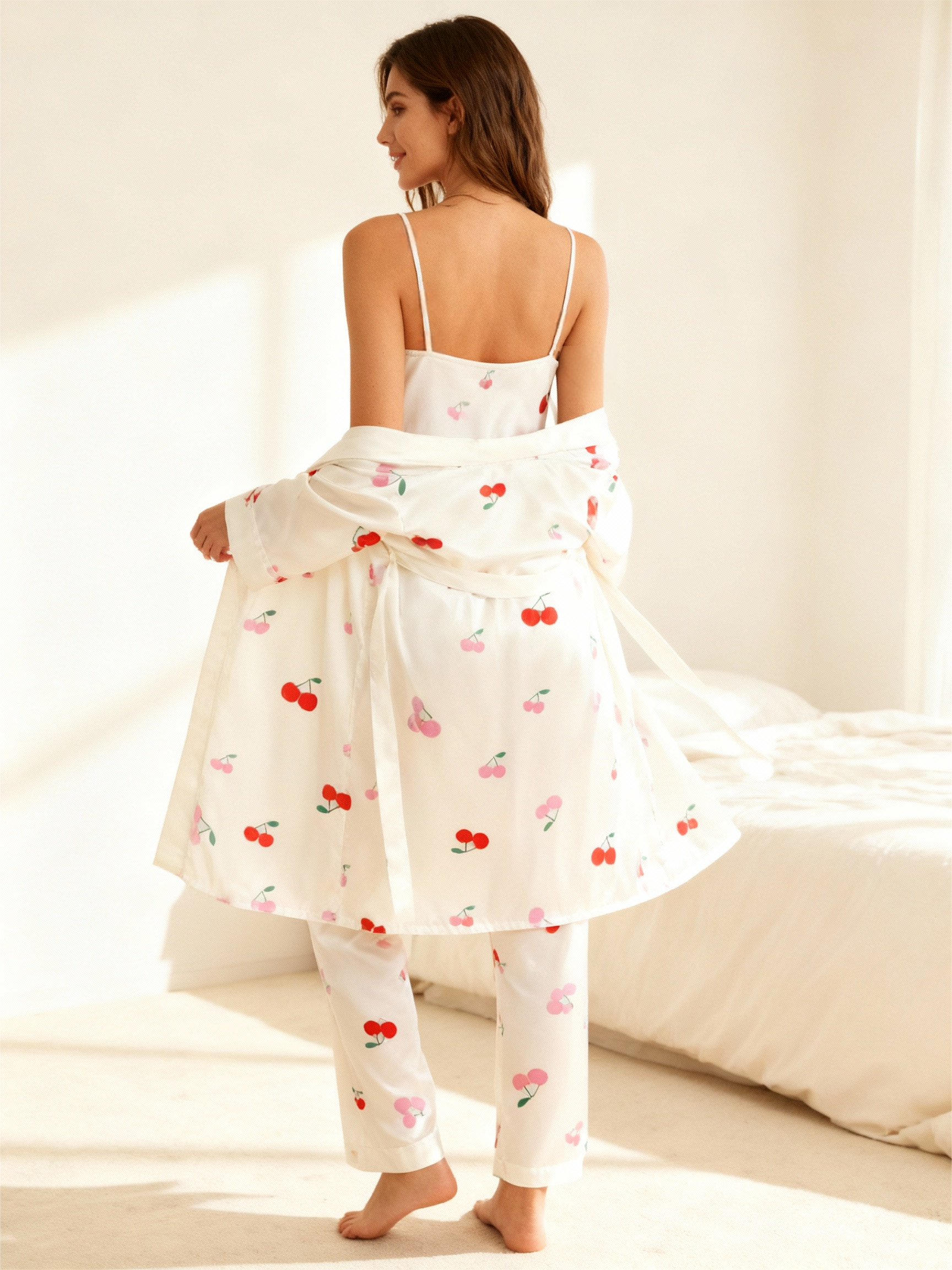 Feminine Cute Cherry Print Satin Pajama Trio
