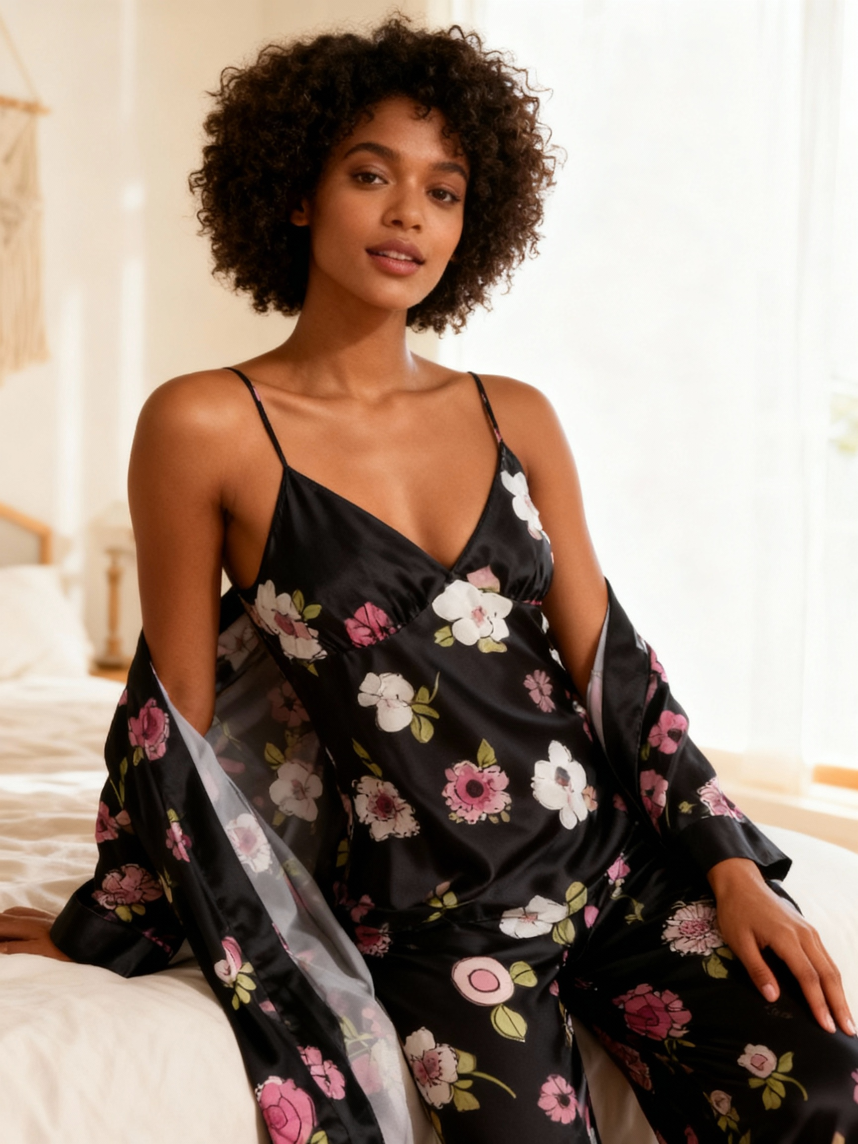 Elegant Floral Print Feminine Satin Pajama Trio