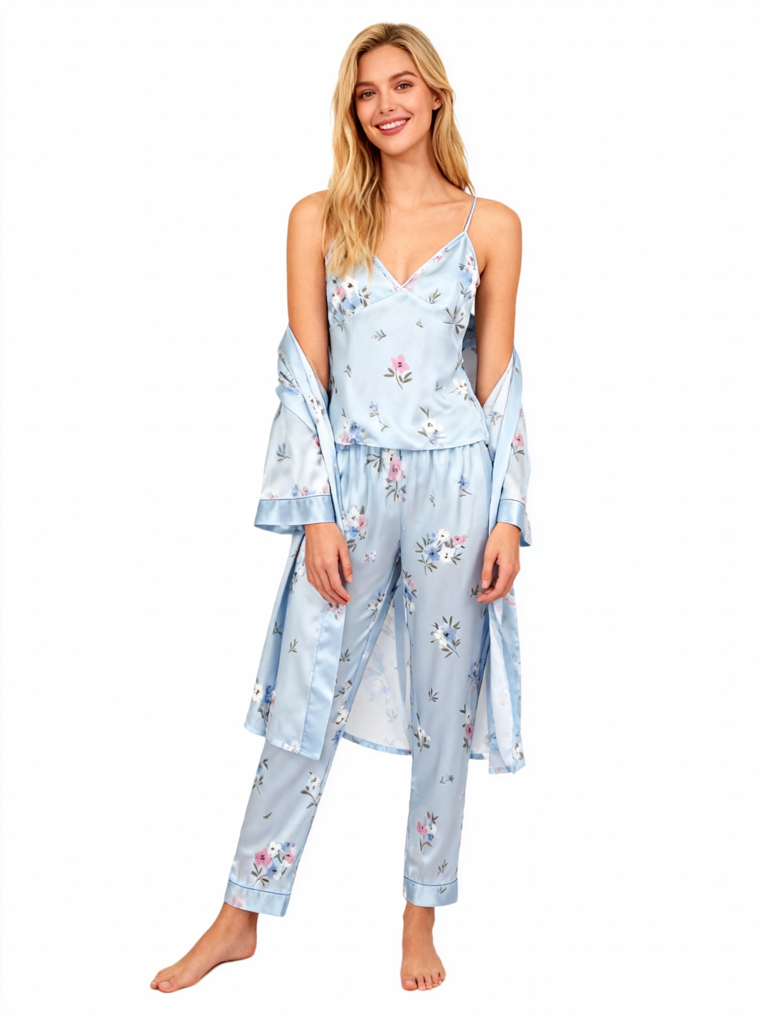 Women's Pale Blue Silky Satin Homewear Set with Floral Illustration