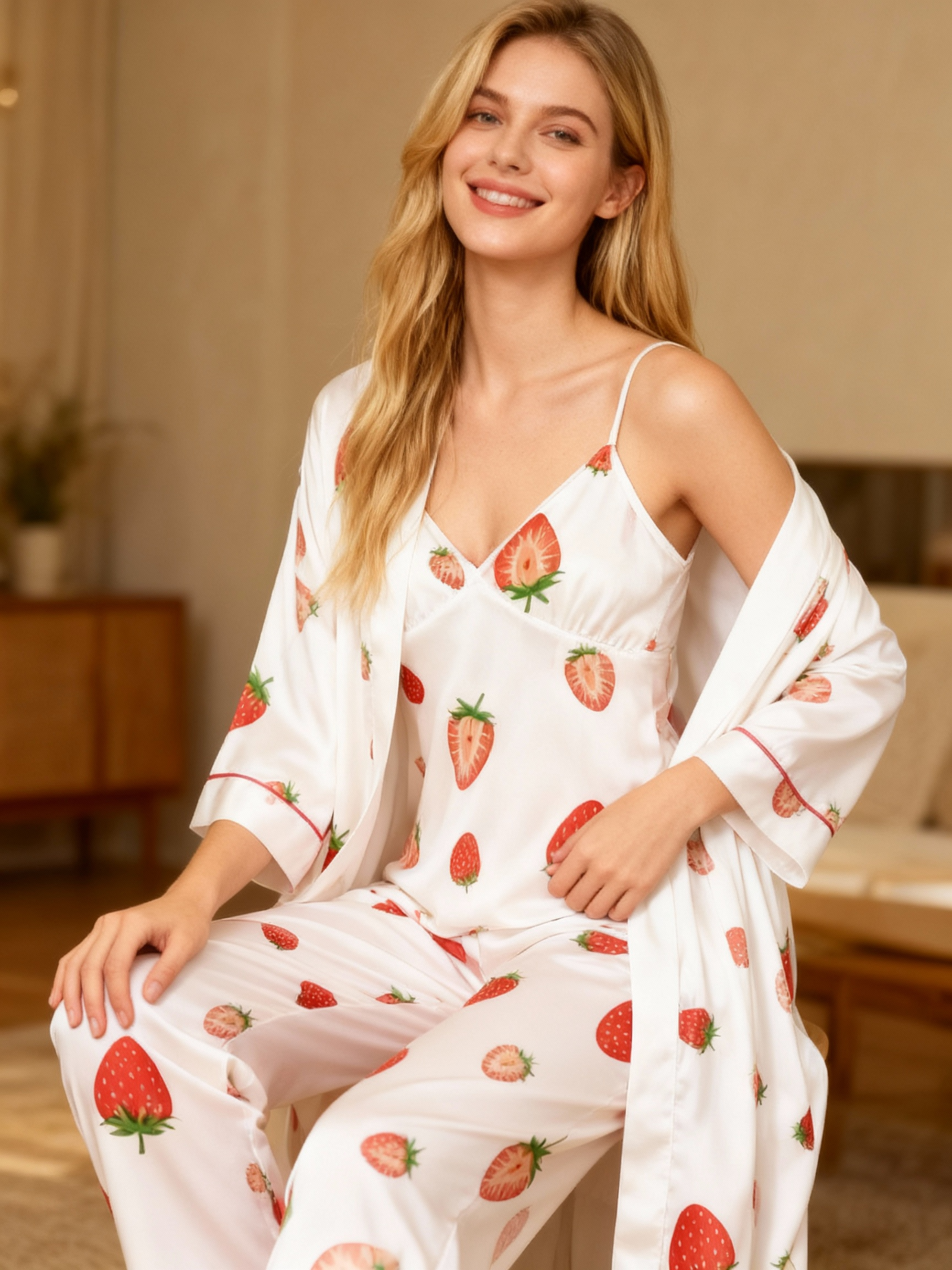 Women's Satin 3-Piece Loungewear Set in Sweet Strawberry Style
