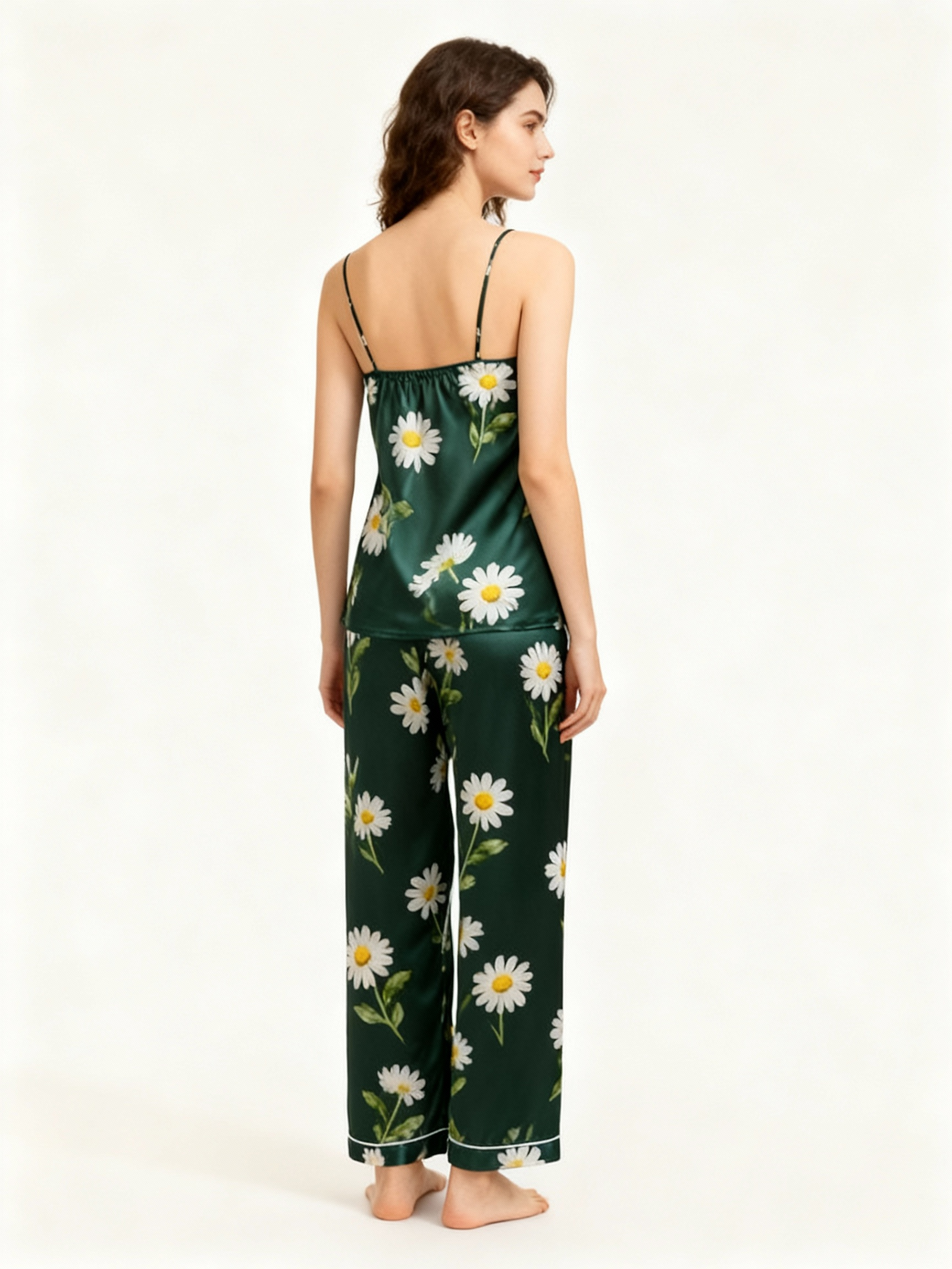 Feminine Elegant Green Satin Pajama Trio