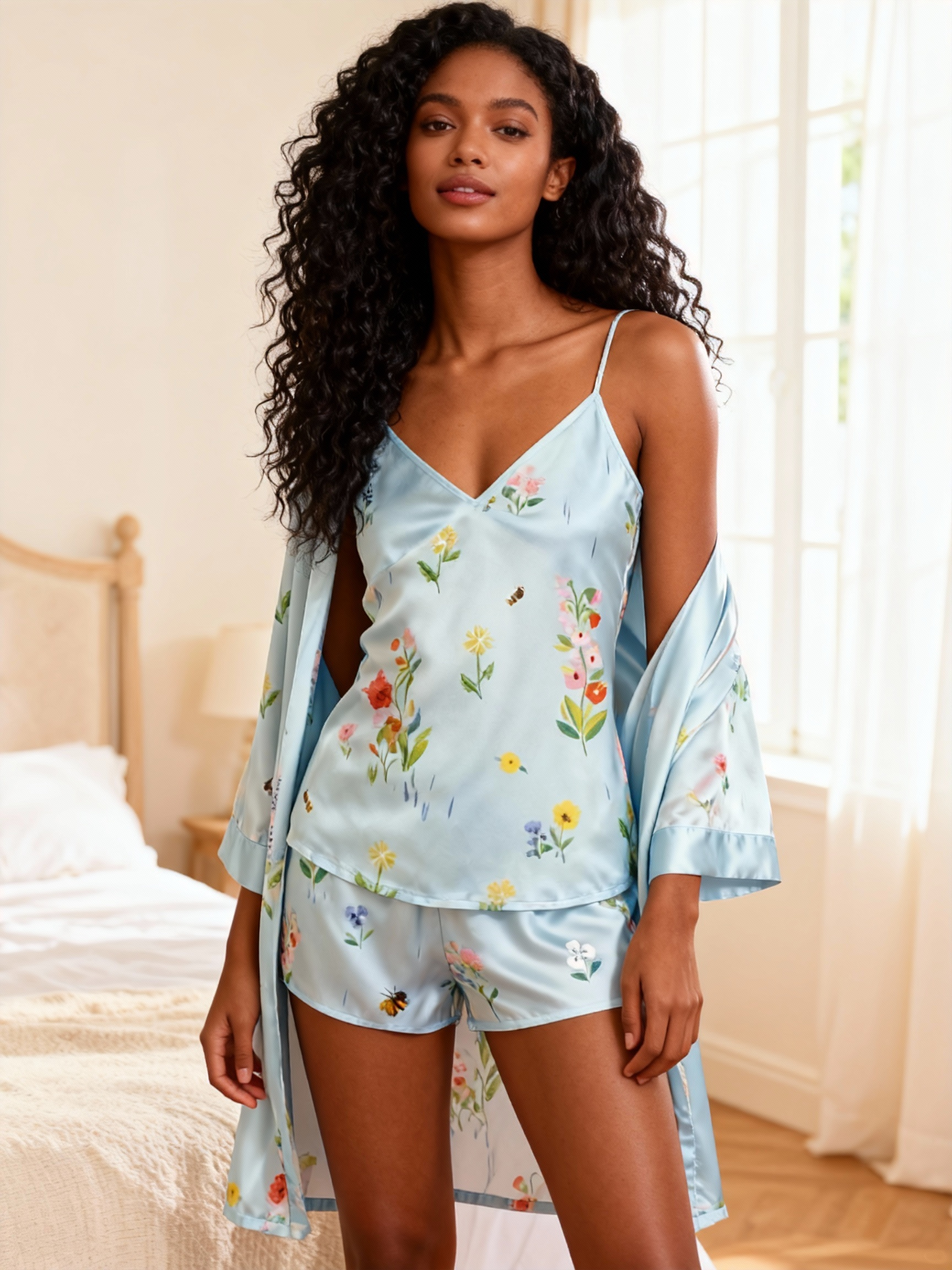 Elegant Satin Light Blue Loungewear Trio with Florals Motif