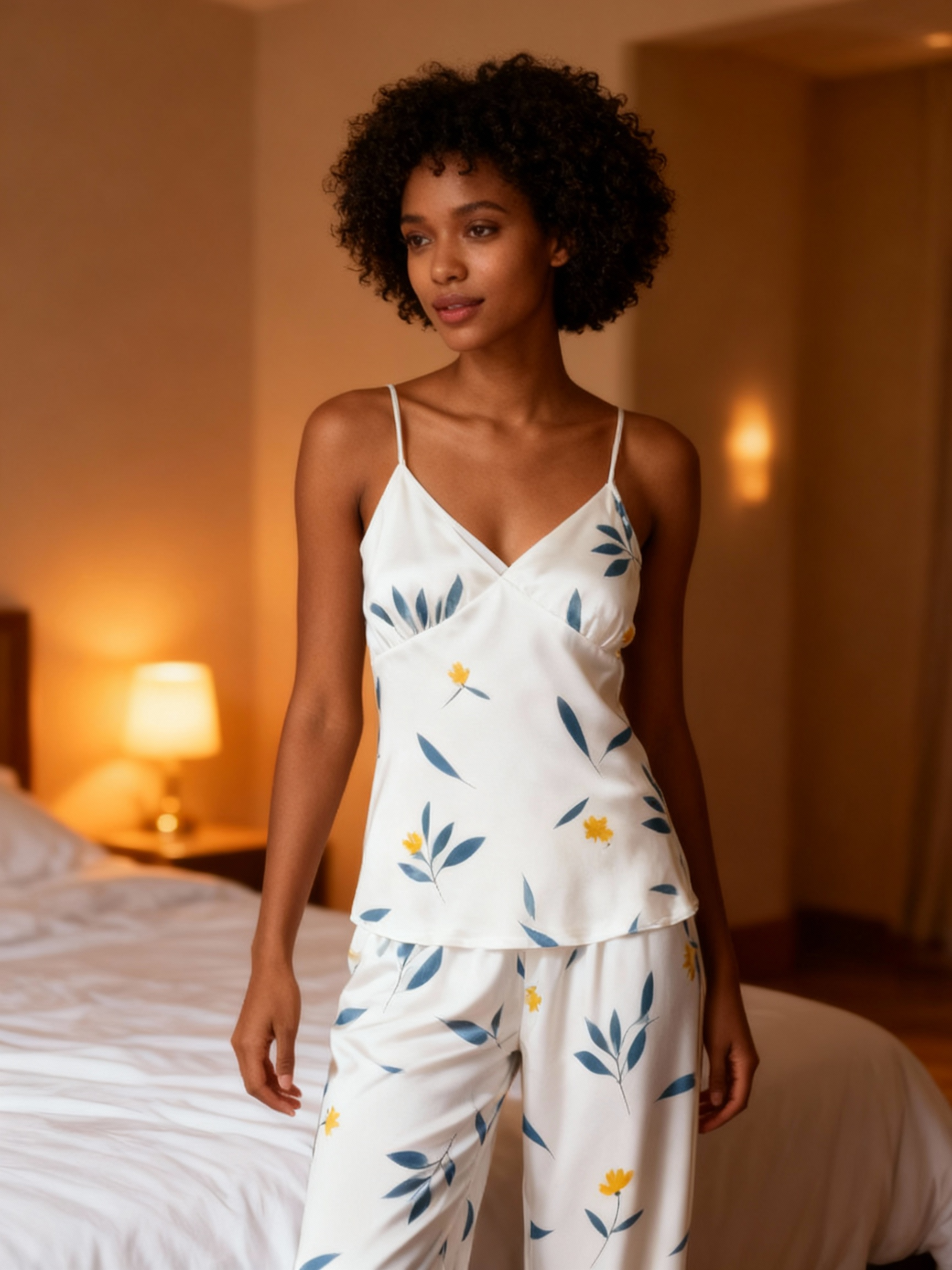 Women's Classic Satin Pajama Set with Botanical Leaves Motifs