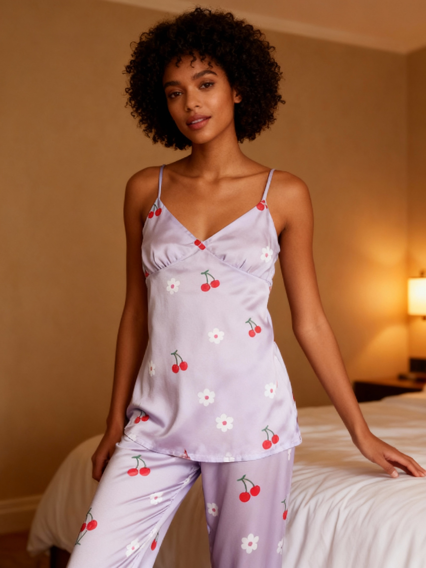 Premium Purple Satin Nightwear Trio With Sweet Cherry Print