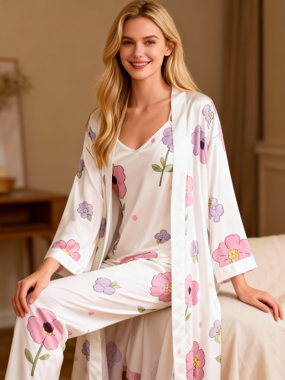 Women's Satin 3-Piece Loungewear Set in Elegant Floral Style