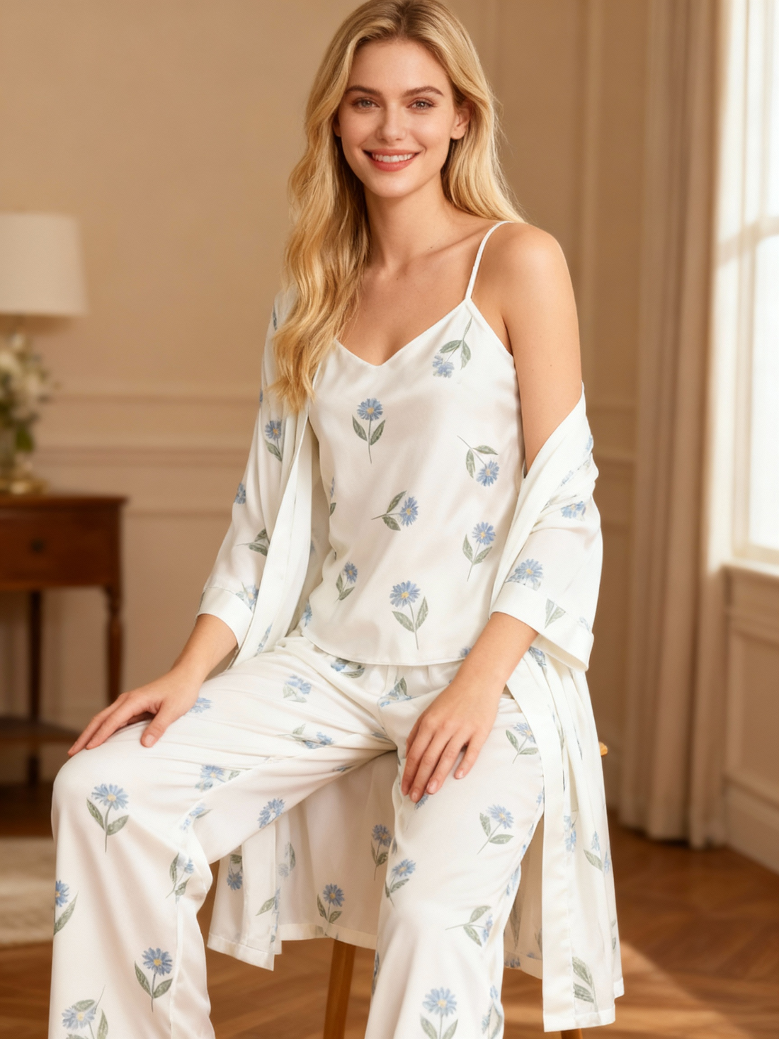 Women's Satin 3-Piece Loungewear Set in Soft Florals Style
