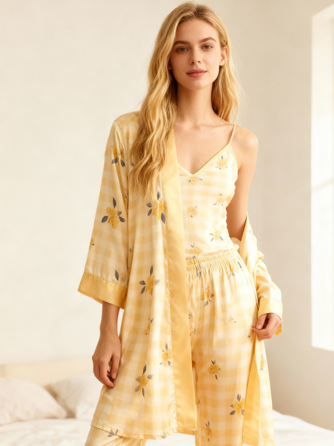 Silky Satin 3-Piece Nightwear Set in Vibrant Yellow Style