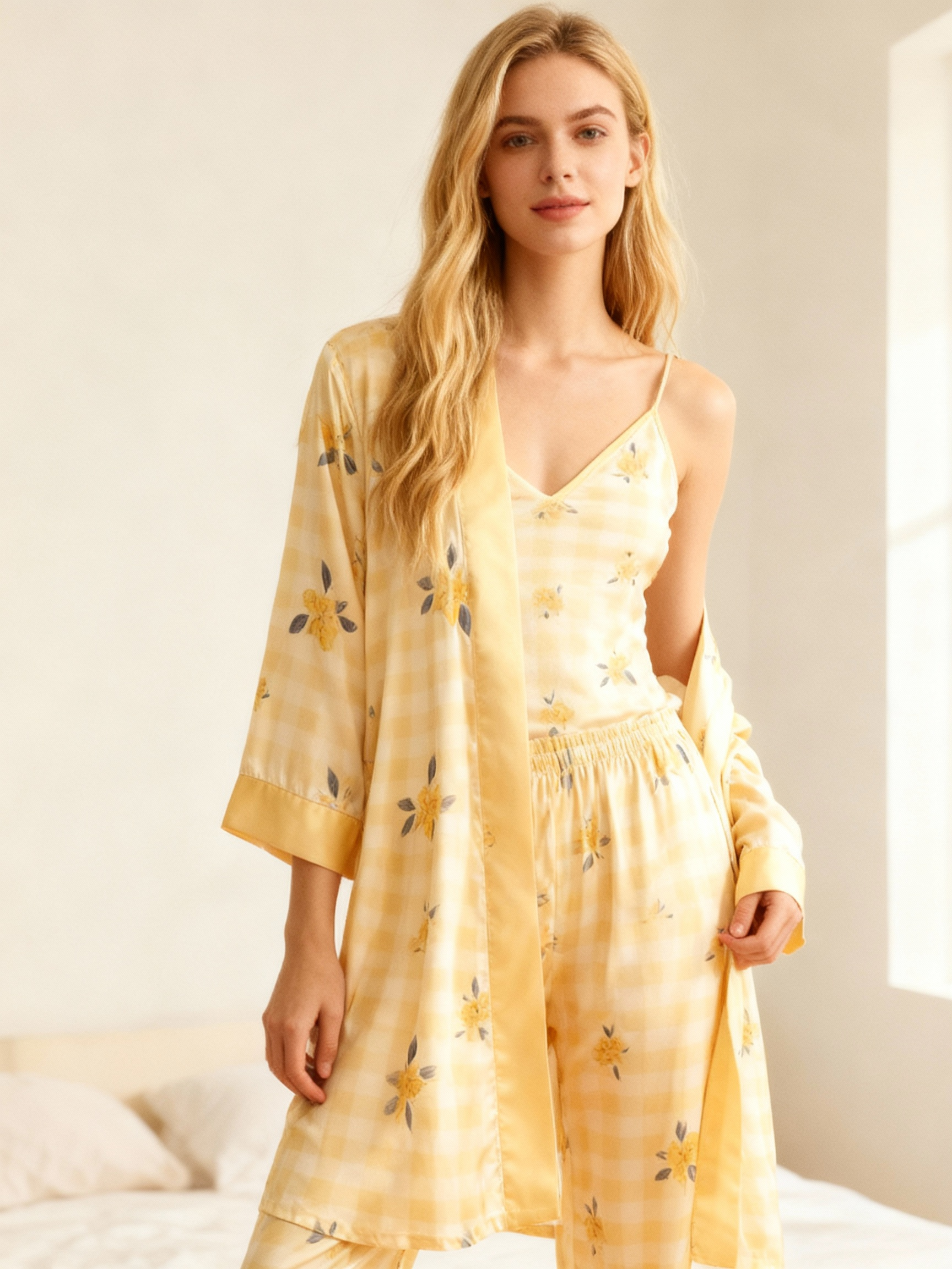 Silky Satin 3-Piece Nightwear Set in Vibrant Yellow Style
