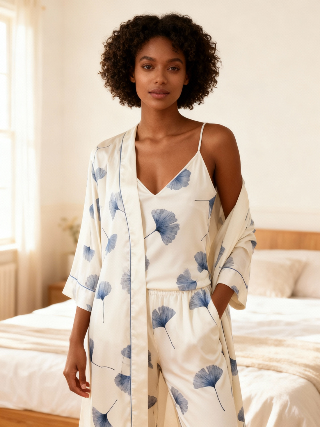 Feminine Satin Pajama Trio with Blue Floral Details