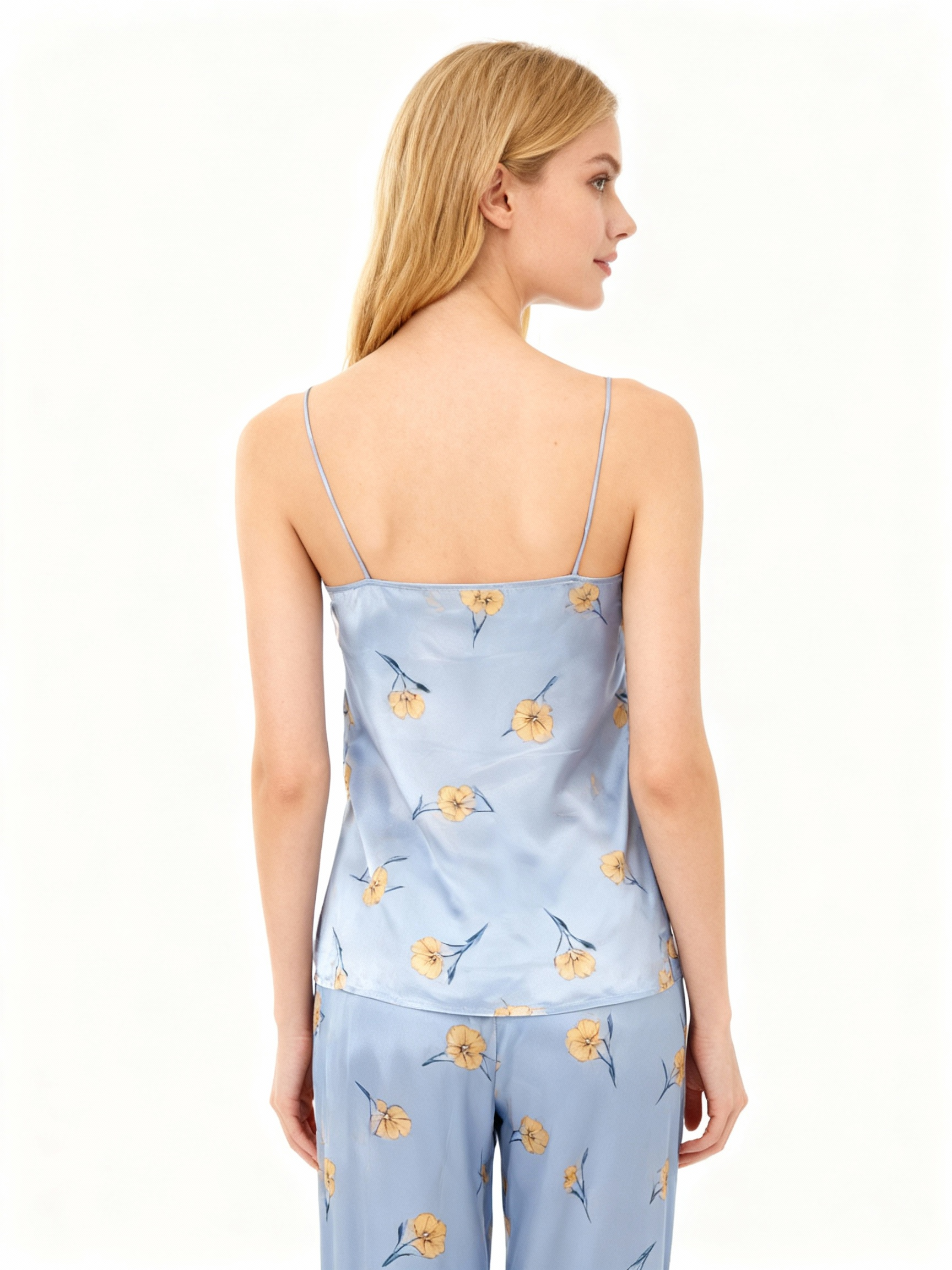 Women's Blue Silky Satin Homewear Set with Yellow Floral Motifs