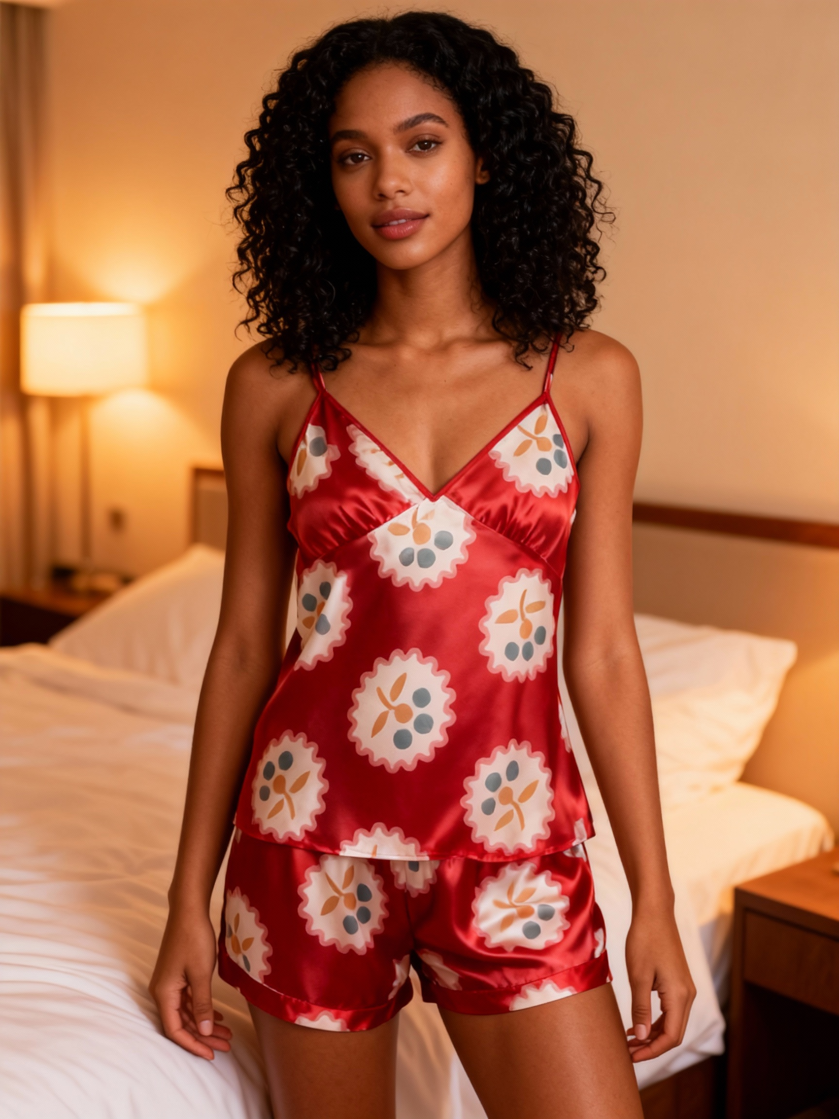 Elegant Satin Red Loungewear Trio in Romantic Style