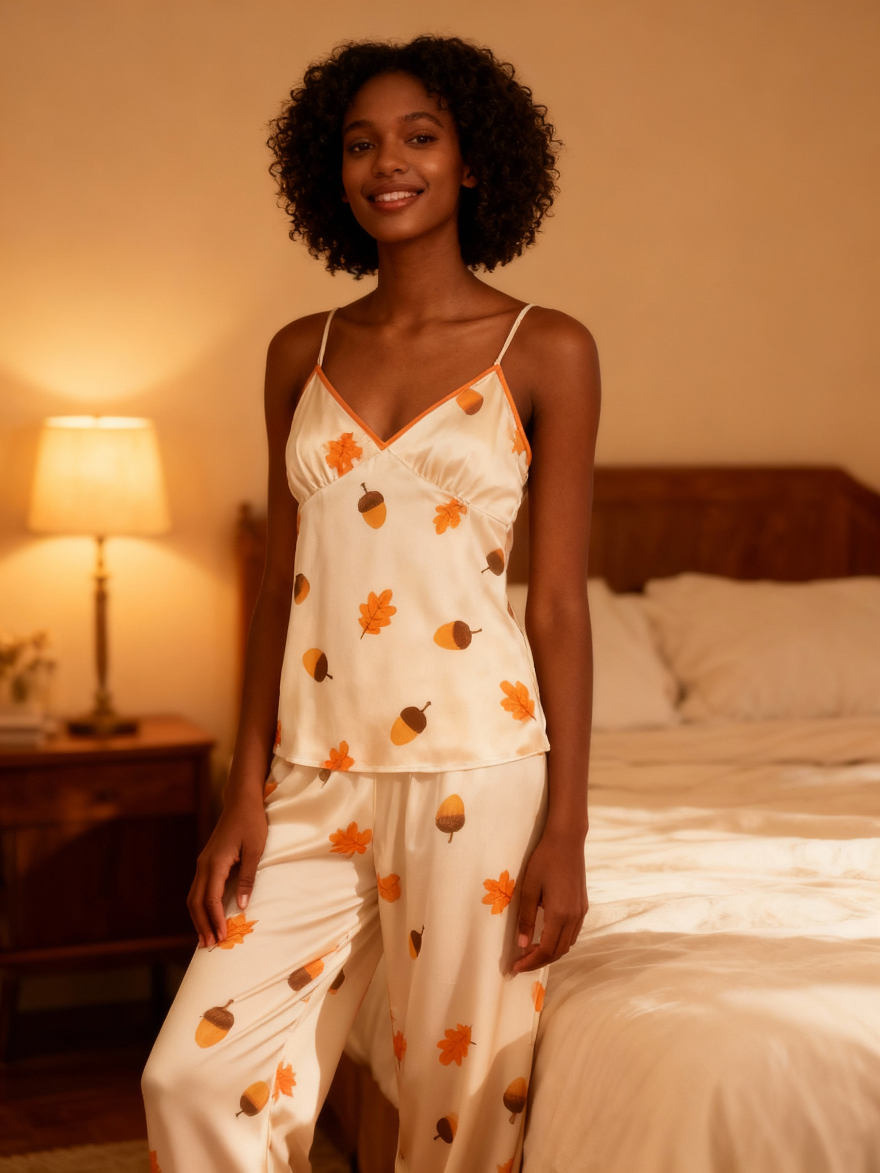 Feminine Satin Pajama Trio with Seasonal Leaf-and-Fruit Design