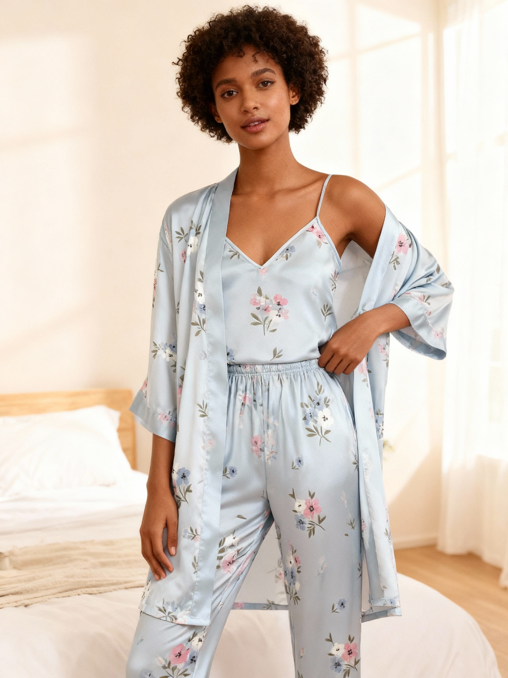 Chic 3-Piece Satin Nightwear Set Featuring Blue Floral Motifs