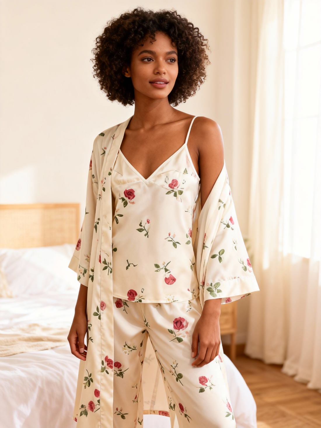 Satin 3-Piece Sleepwear Set with Rose Design