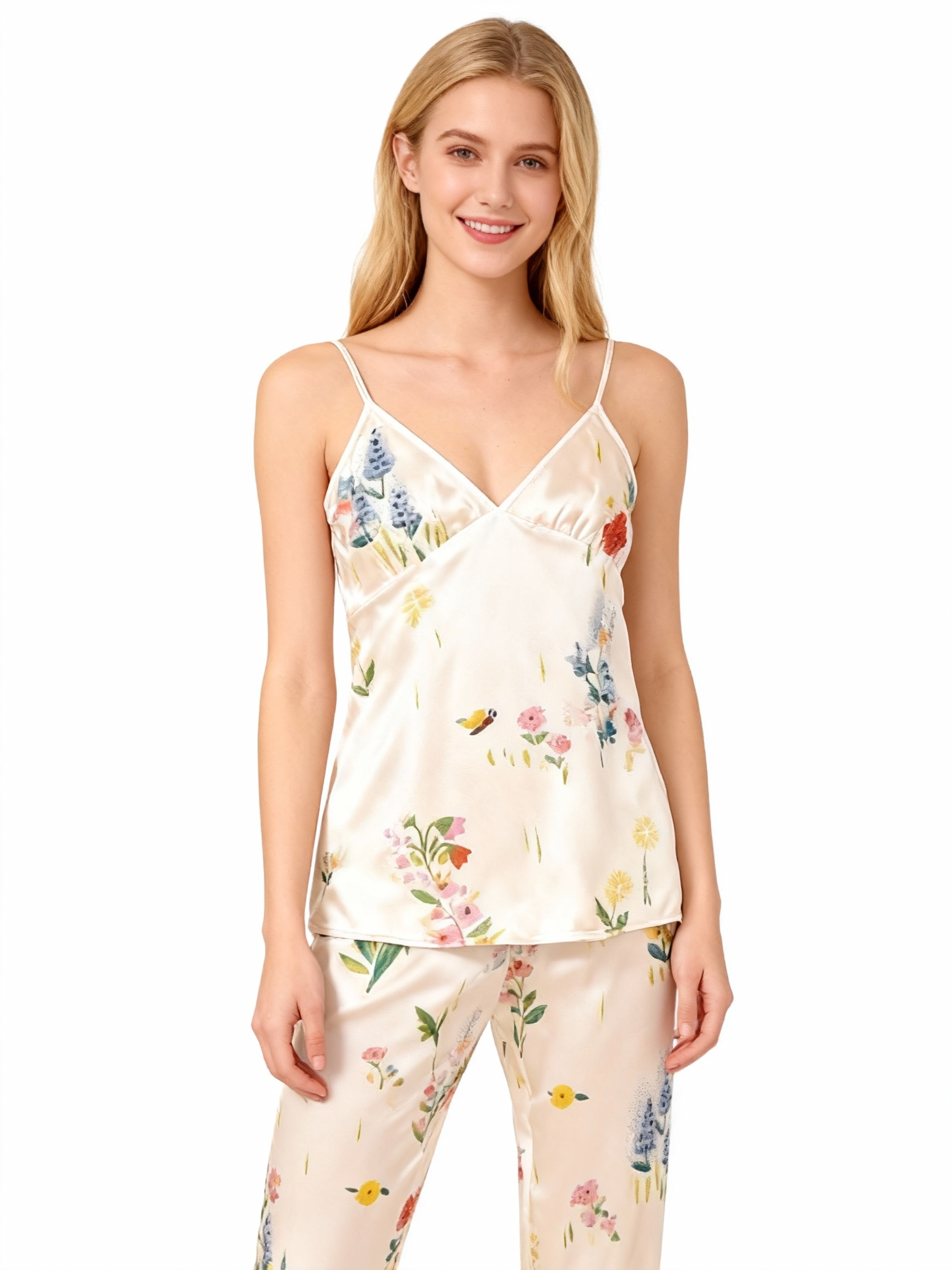 Silky Satin 3-Piece Nightwear Set with Colorful Florals Design