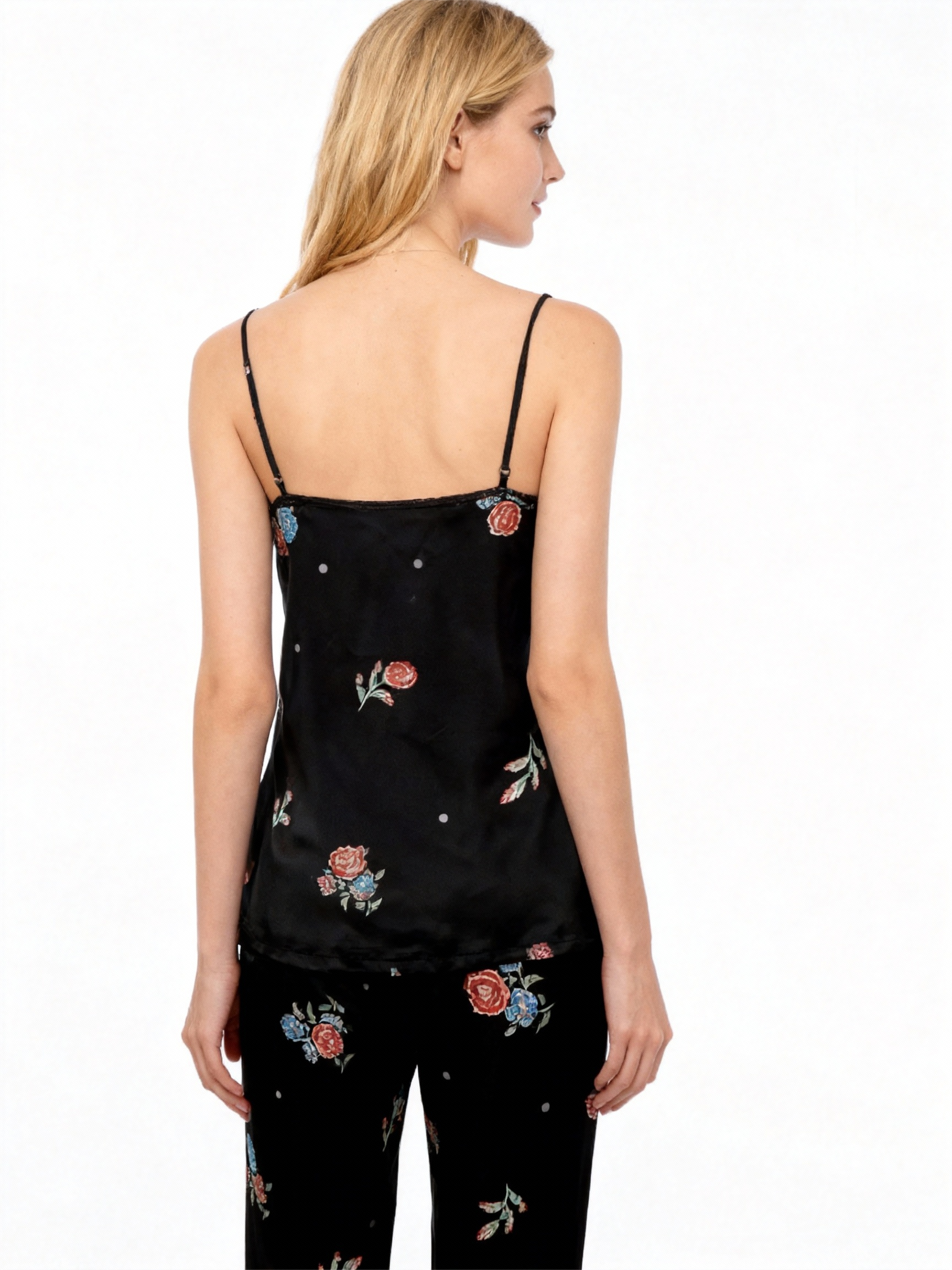 Women's Black Silky Satin Homewear Set with Romantic Floral Motifs