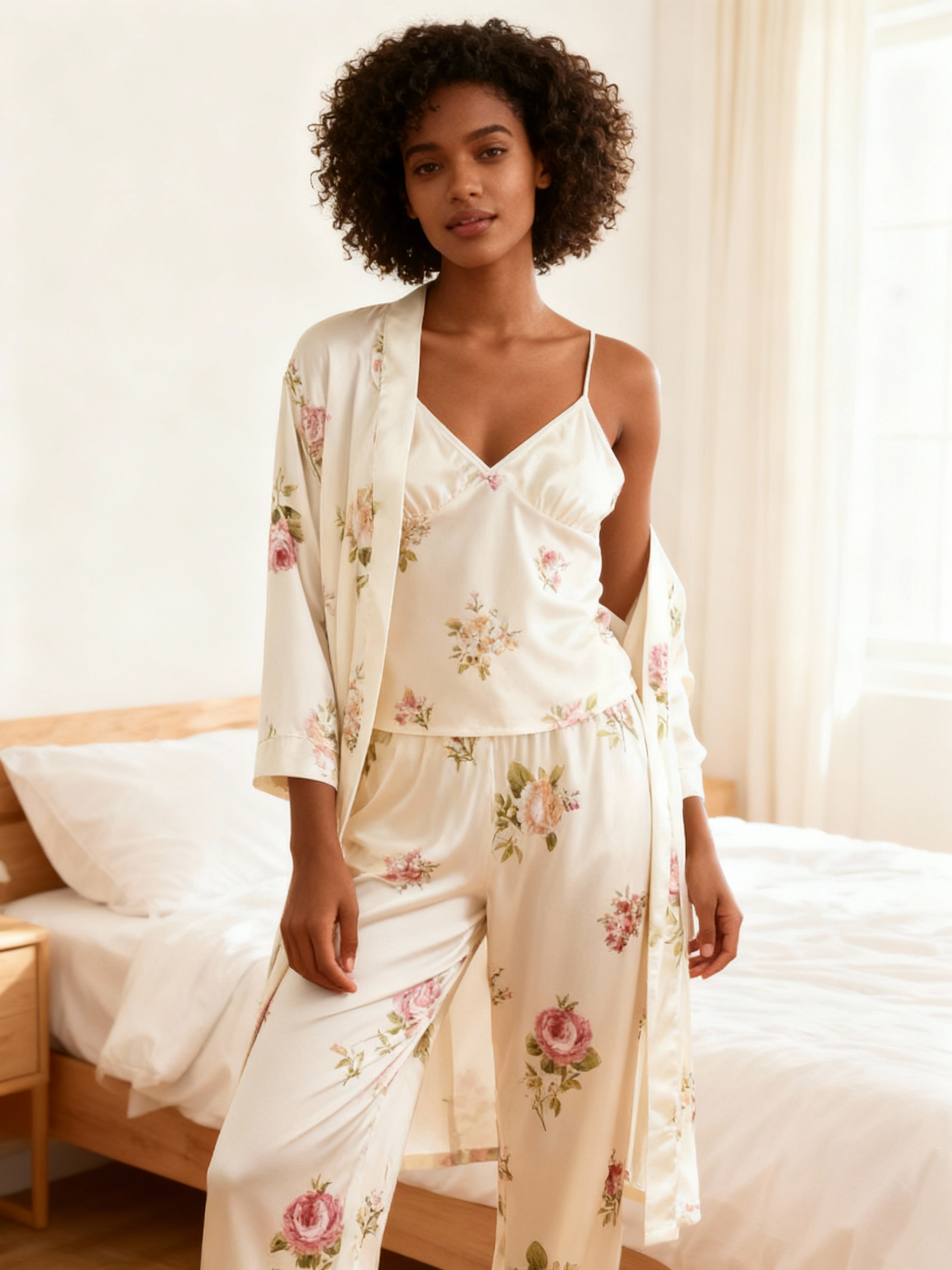 Satin 3-Piece Sleepwear Set with Romantic Floral Design