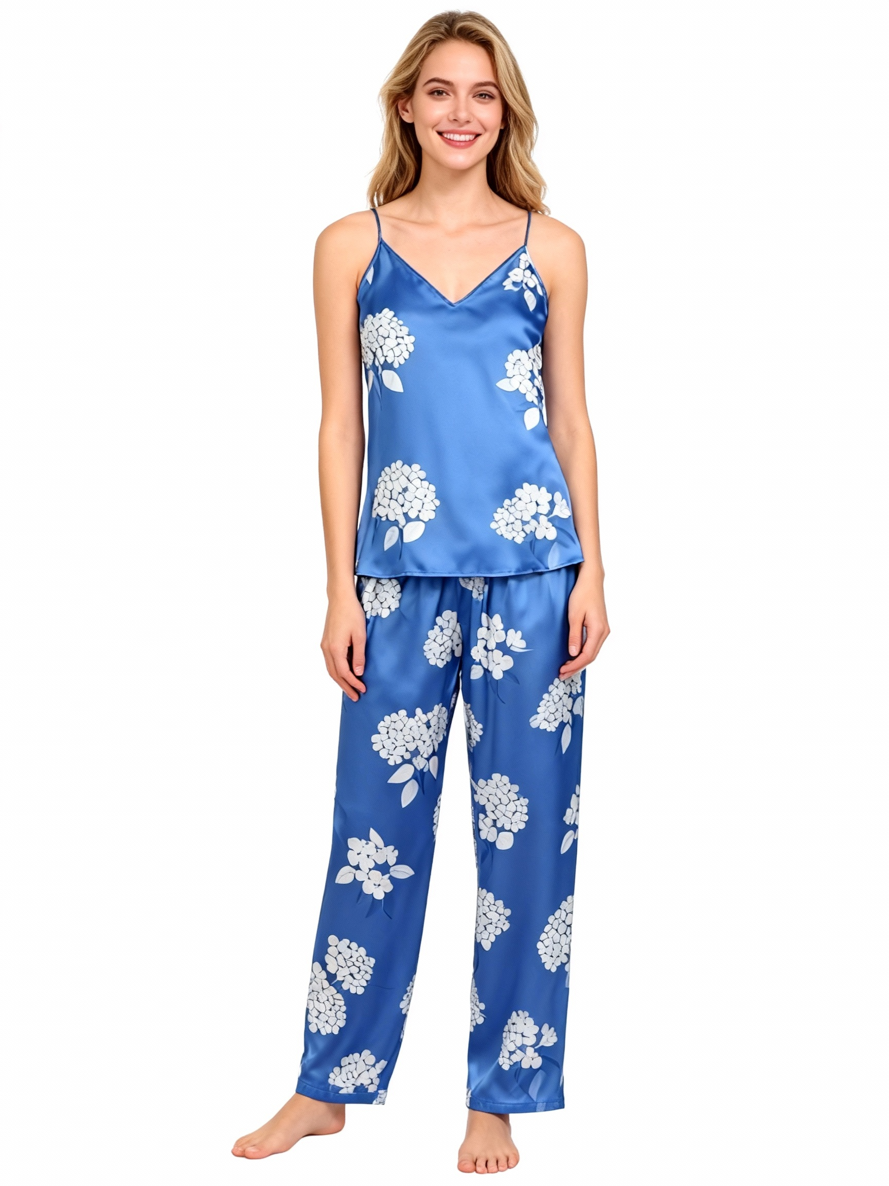 Women's Blue Silky Satin Homewear Set with White Floral Motifs
