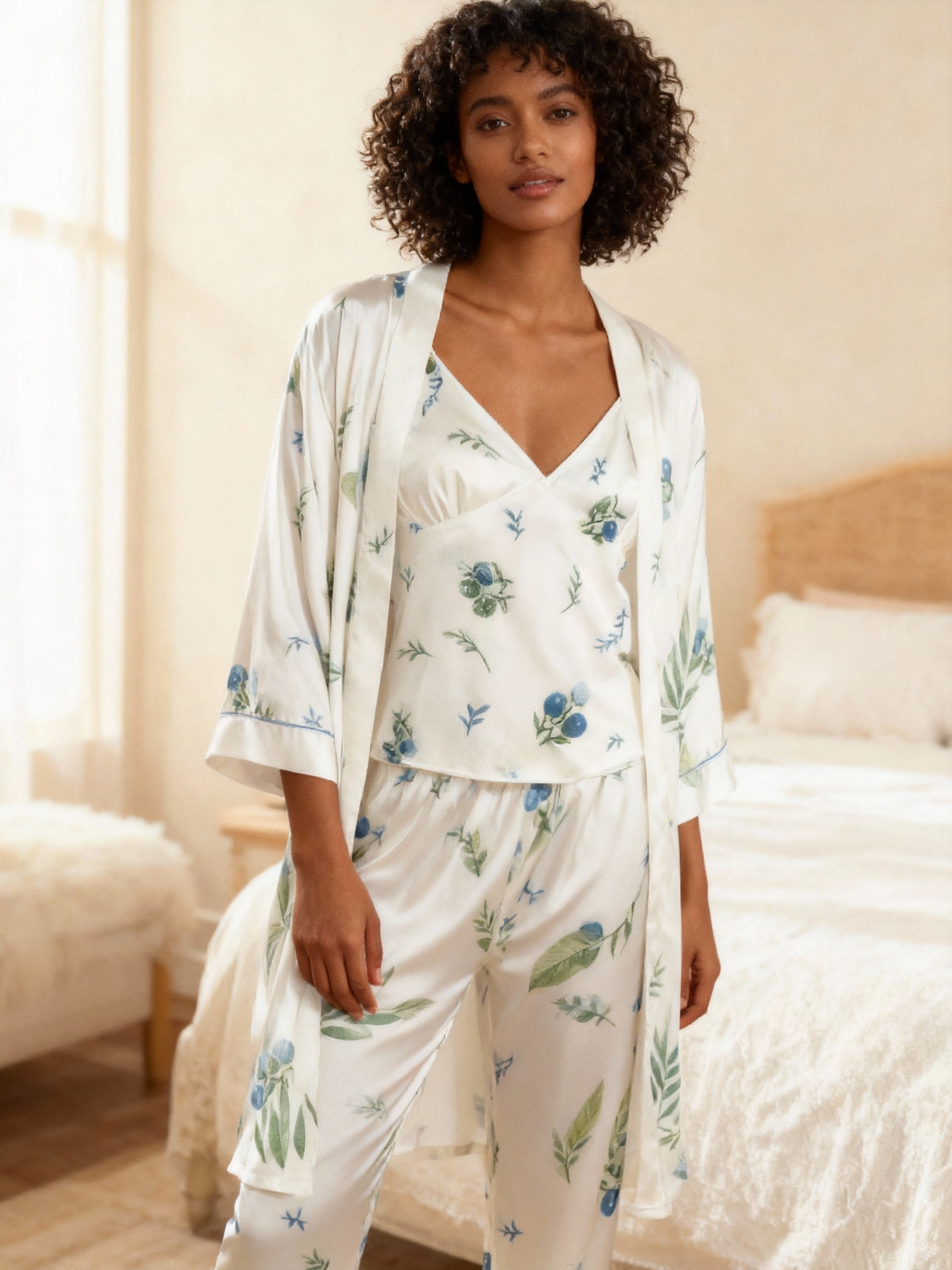 Satin 3-Piece Sleepwear Set with Subtle Blossom Pattern Design