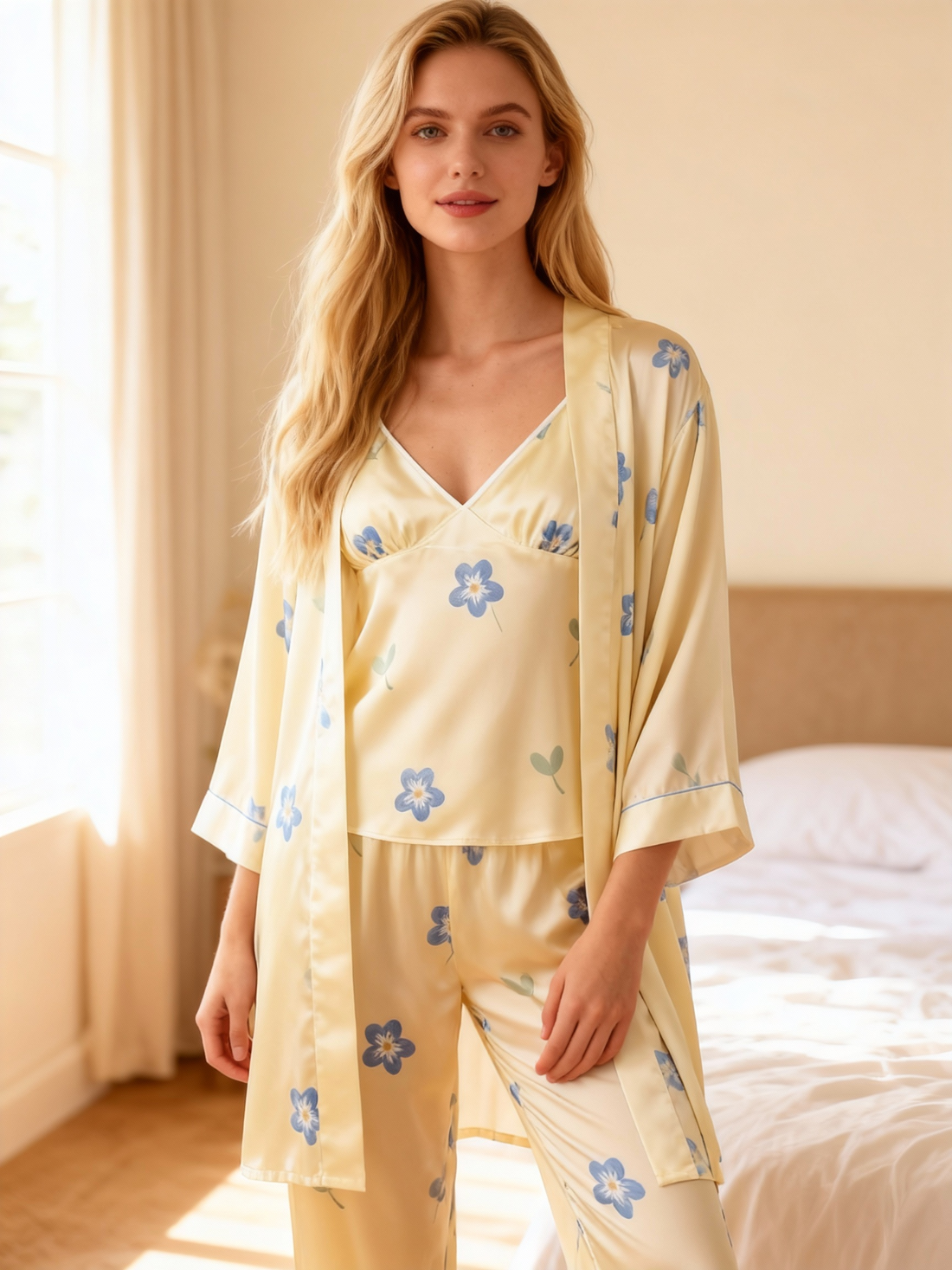 Premium Pale Yellow Satin Nightwear Trio