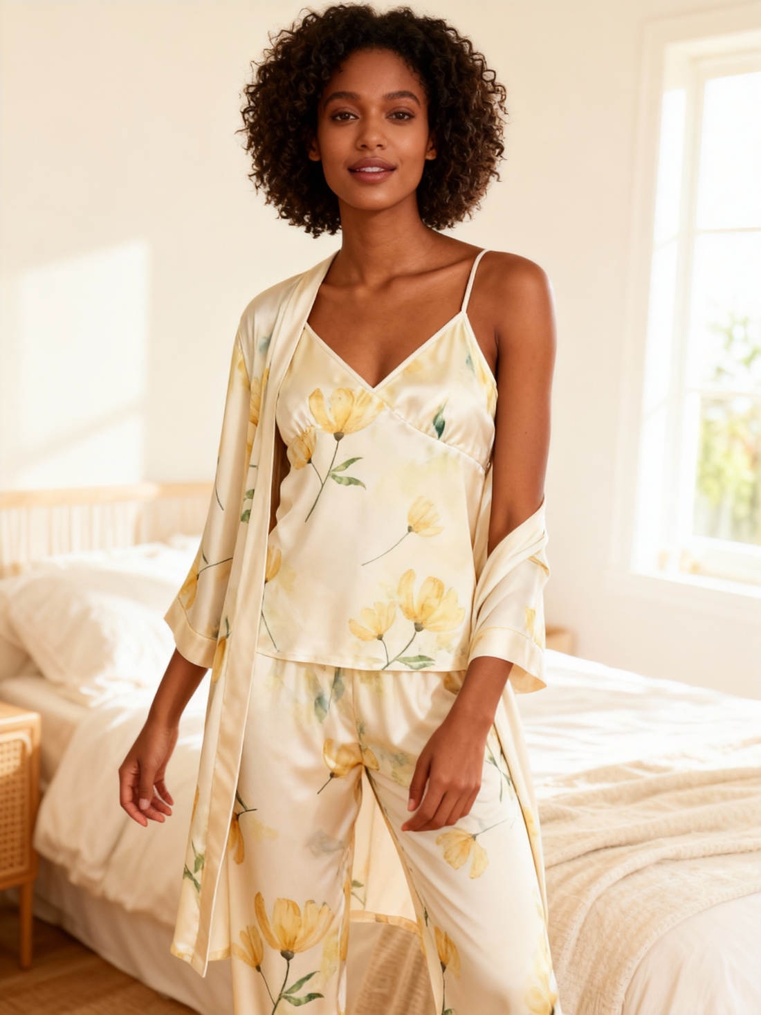 Feminine Satin Pajama Trio with Yellow Floral Details