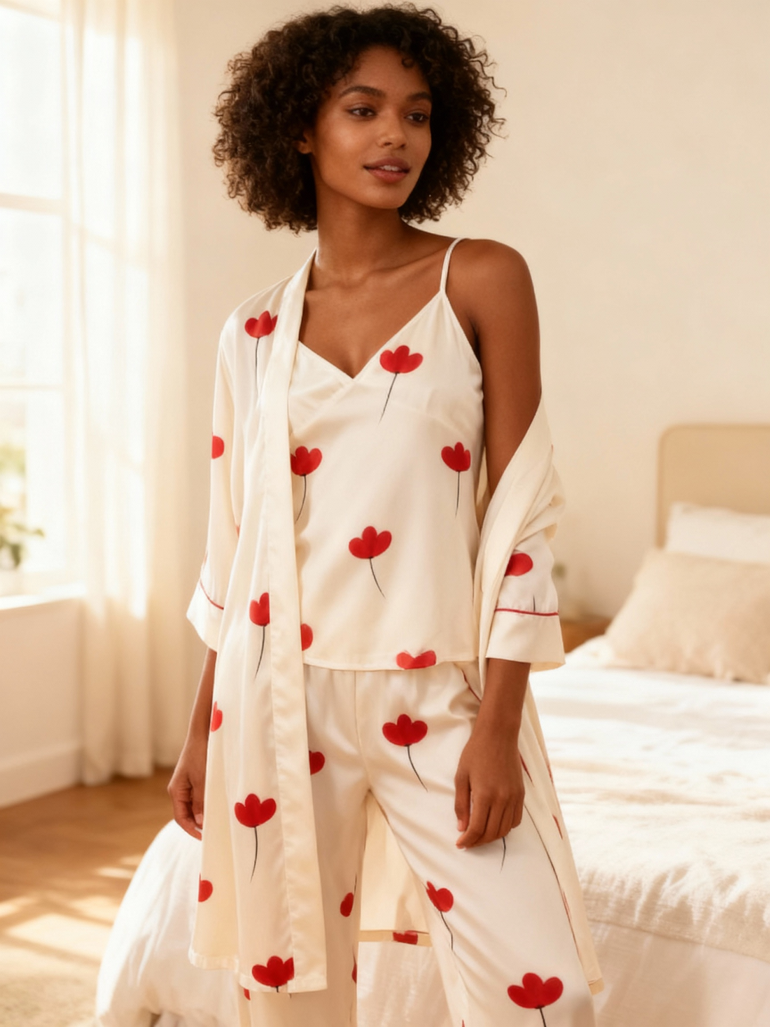 Romantic Floral Print Feminine Satin Pajama Trio