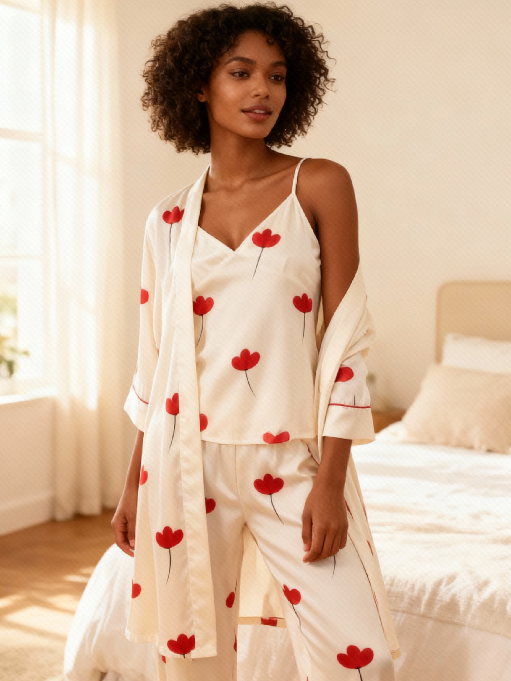 Romantic Floral Print Feminine Satin Pajama Trio