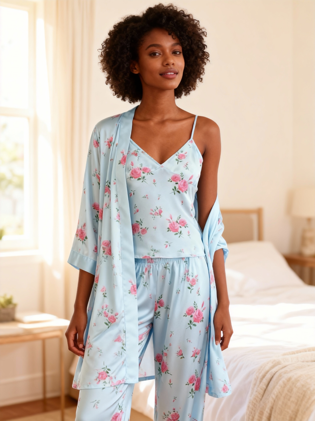 Satin 3-Piece Sleepwear Set with Elegant Blue Design