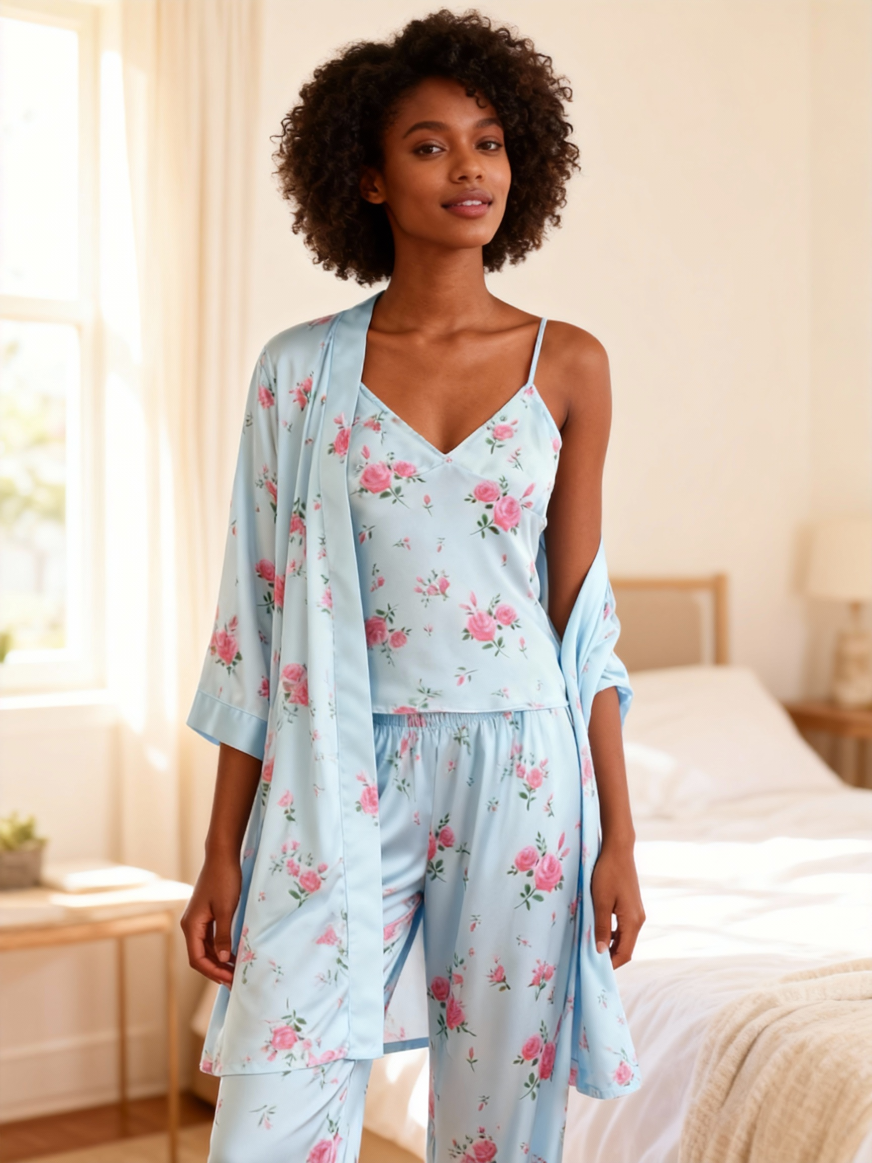 Satin 3-Piece Sleepwear Set with Elegant Blue Design