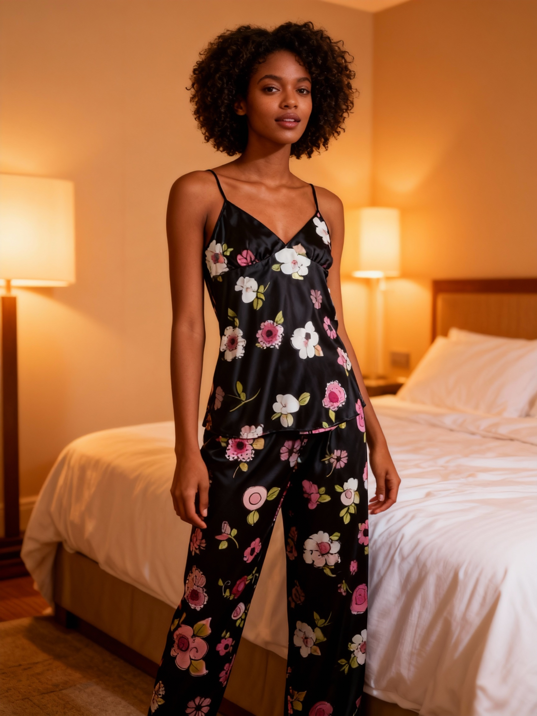 Elegant Floral Print Feminine Satin Pajama Trio