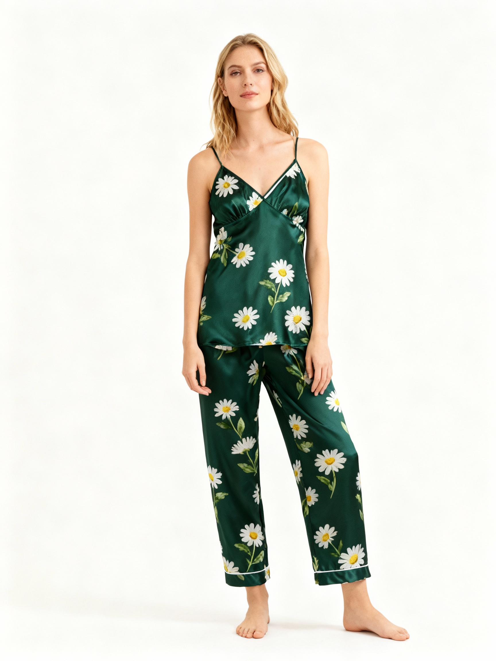 Feminine Elegant Green Satin Pajama Trio