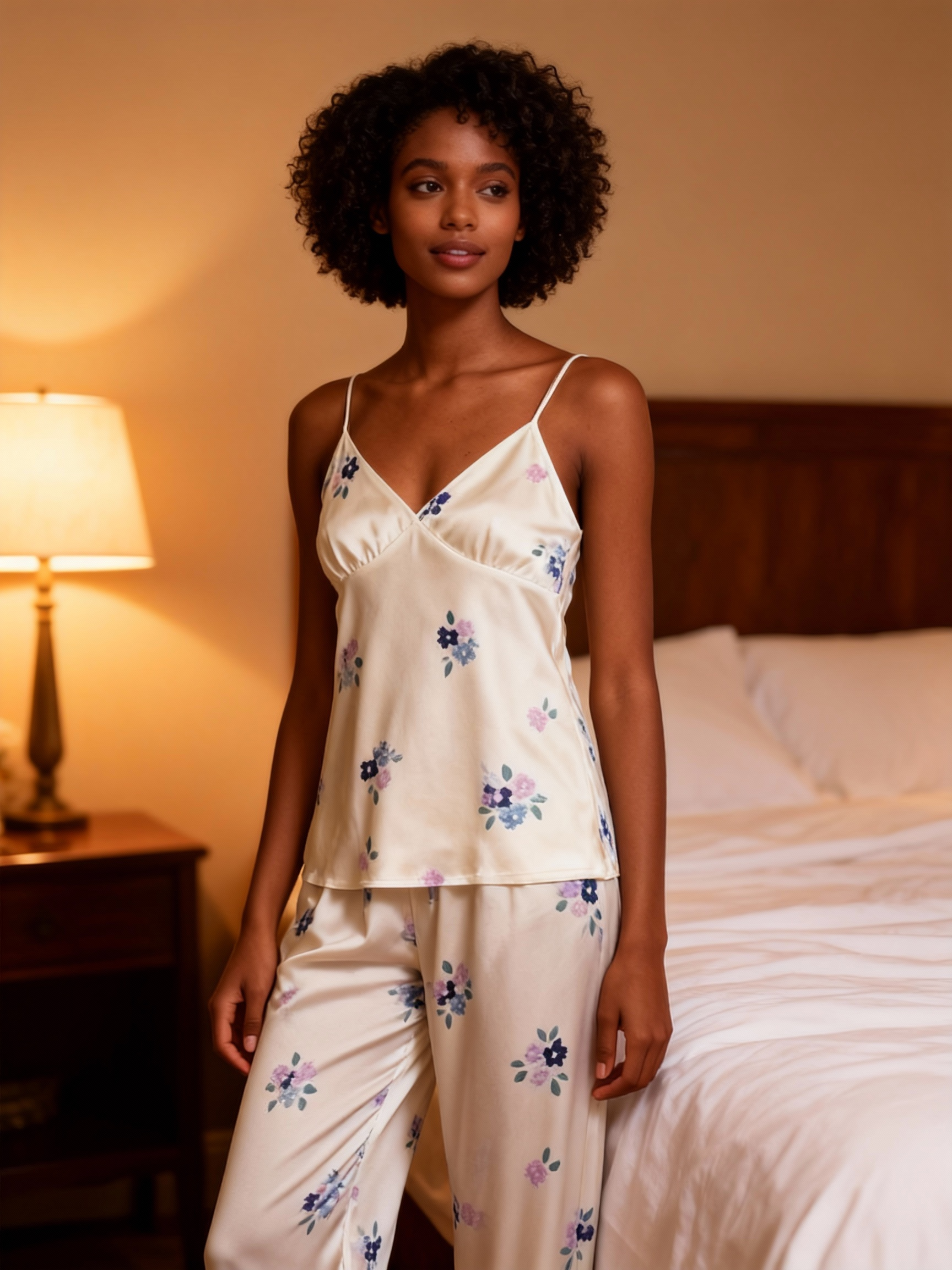 Chic 3-Piece Satin Nightwear Set Featuring Simple Floral Motifs