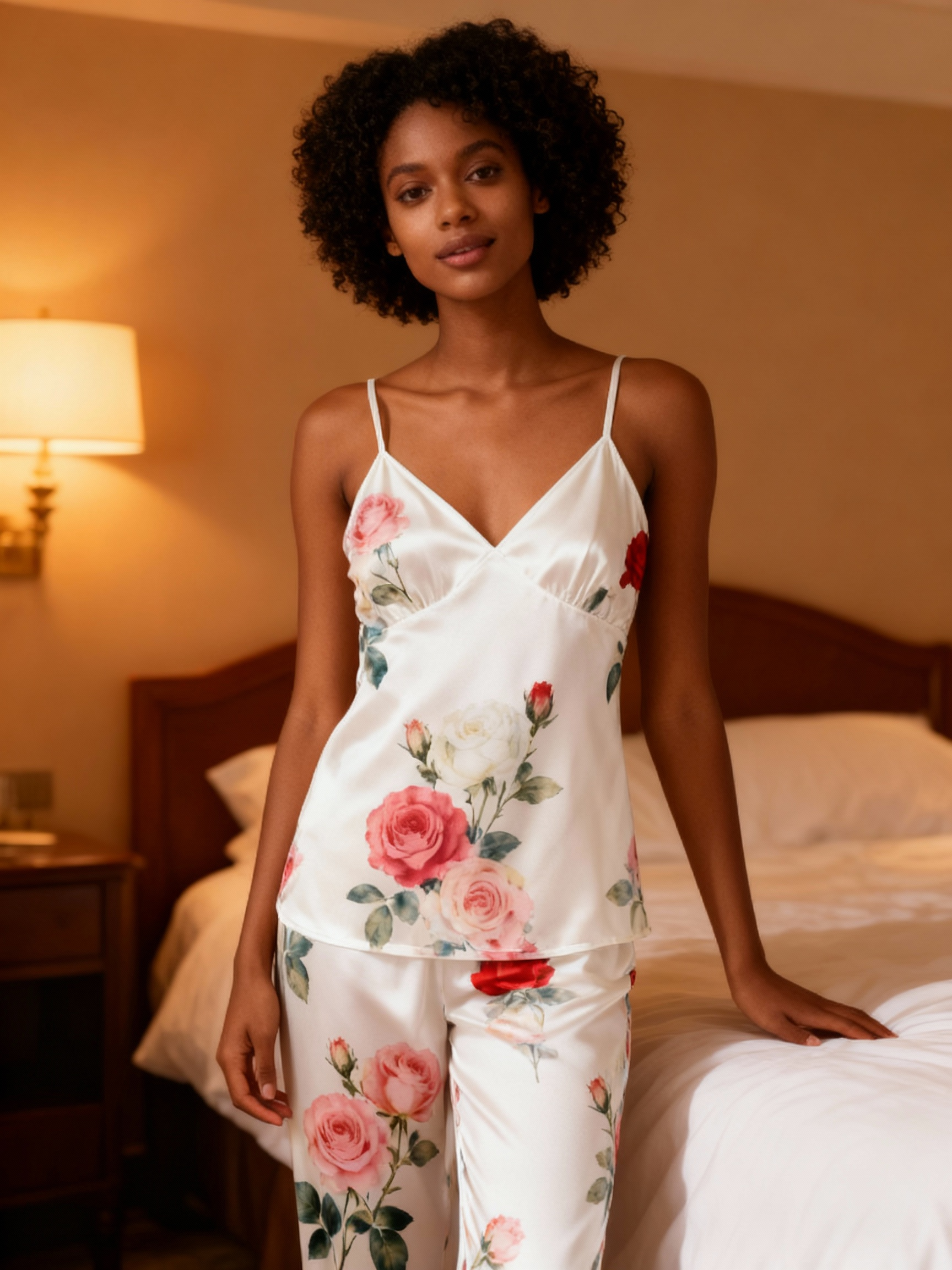 Women's Classic Satin Pajama Set with Romantic Florals Motifs