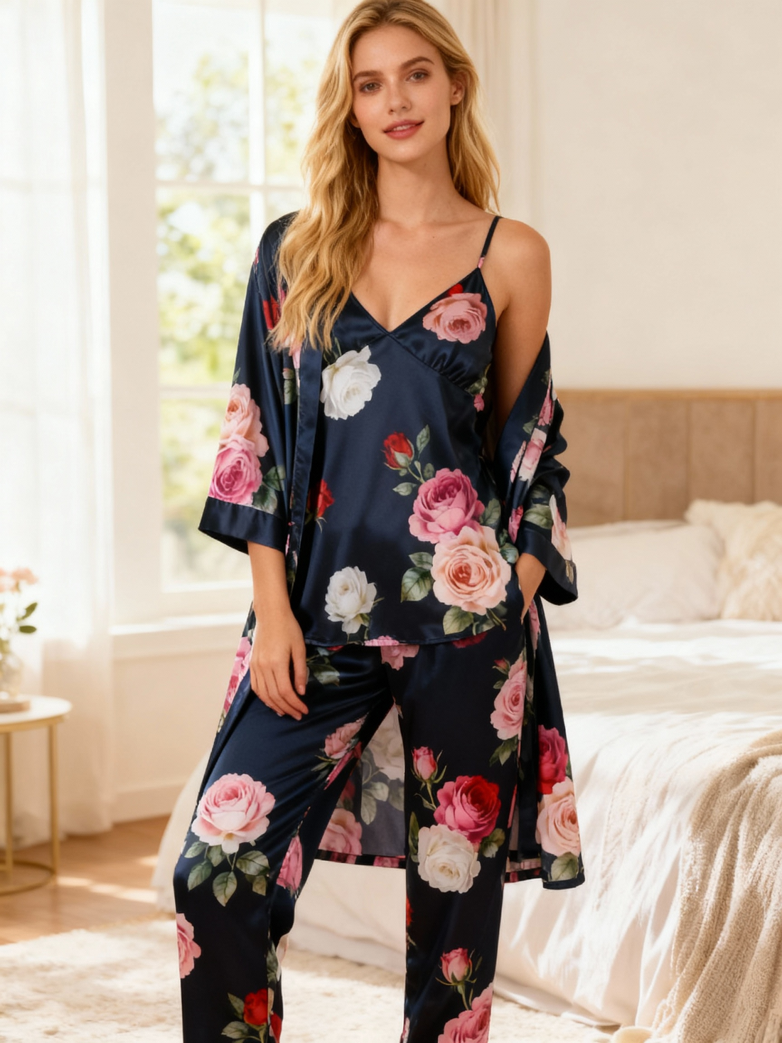 Women's Classic Satin Pajama Set with Vintage Luxe Florals