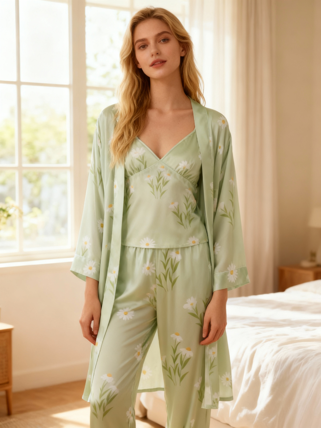 Premium Satin Nightwear Trio in Elegant Green