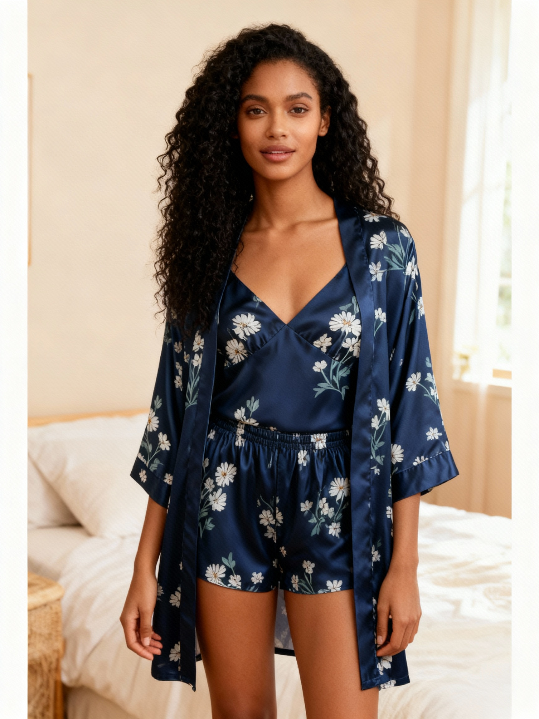 Elegant Satin Navy Loungewear Trio with Daisy Floral