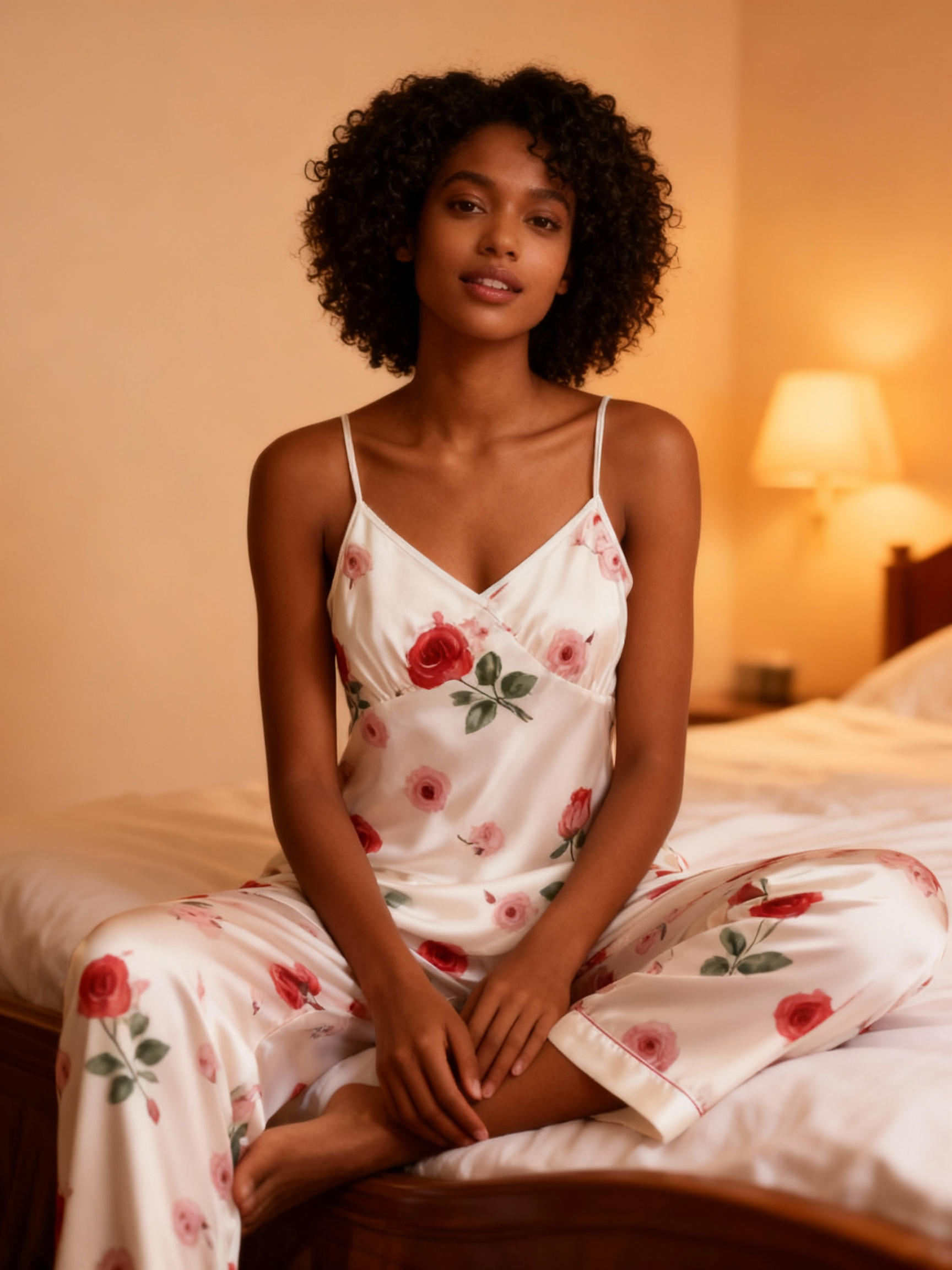 Women's Satin 3-Piece Loungewear Set in Romantic Vintage Floral Style