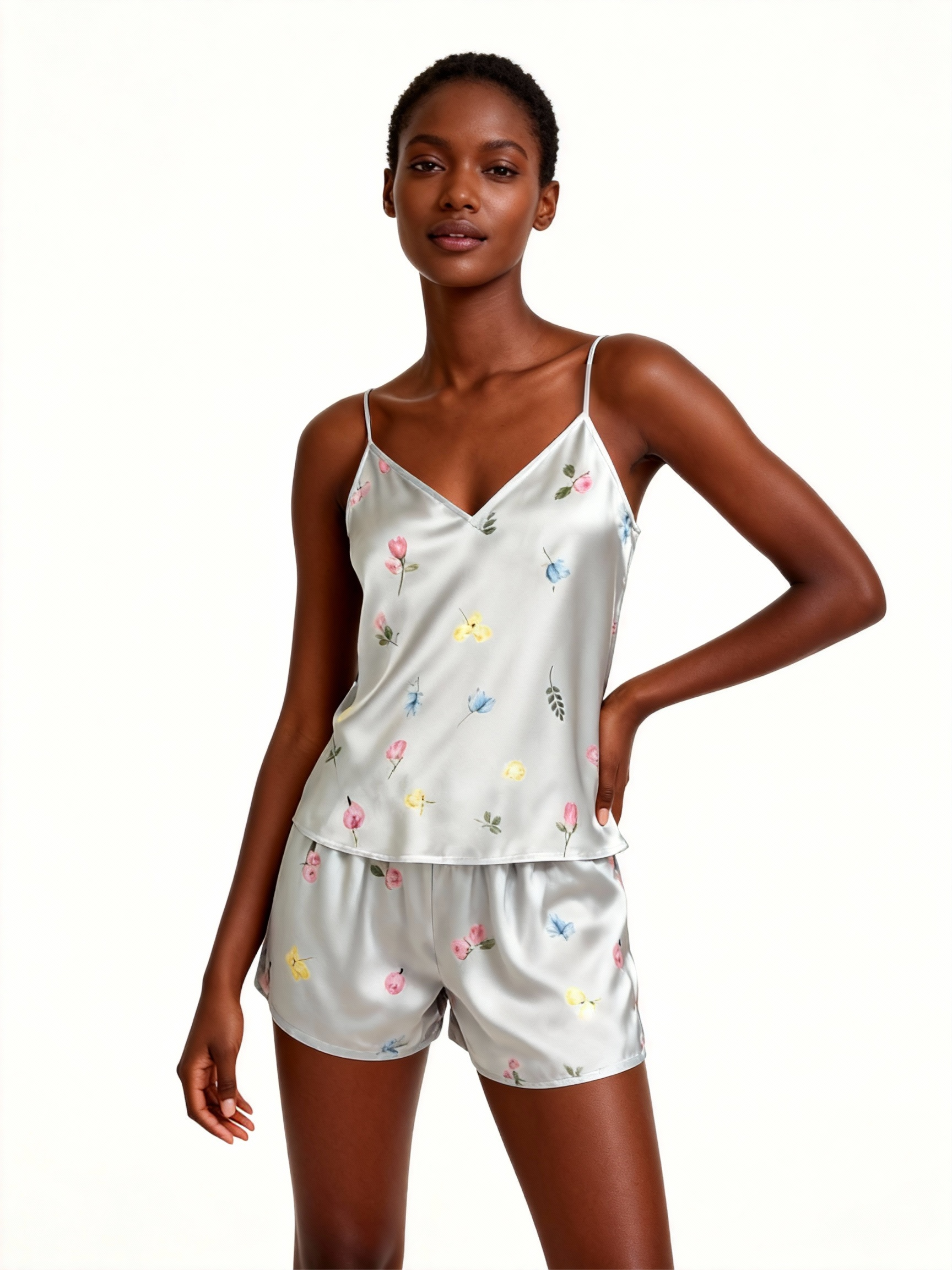 Elegant Satin Loungewear Trio in Silver Style