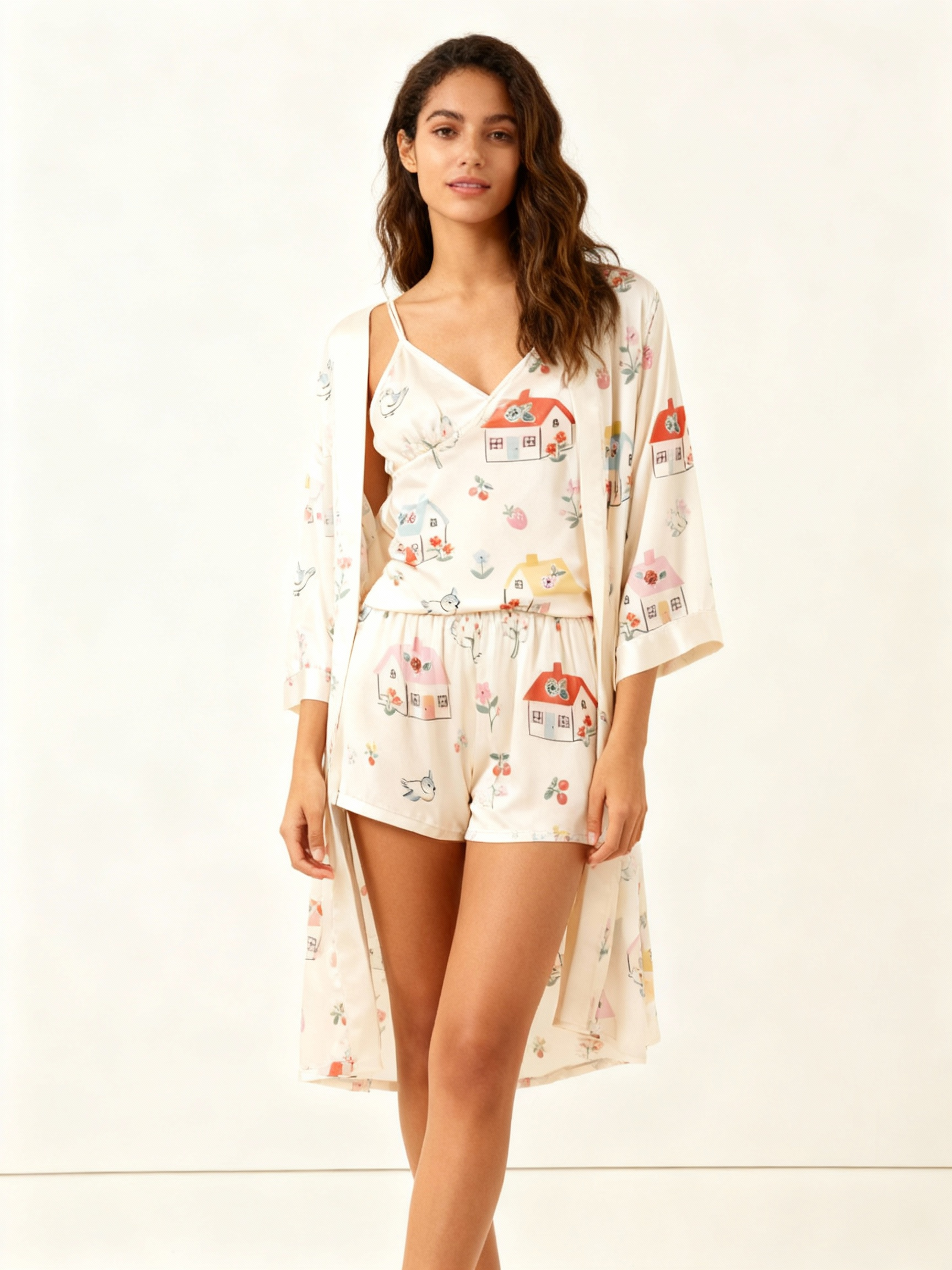 Elegant Satin Loungewear Trio with Lovely House Motifs