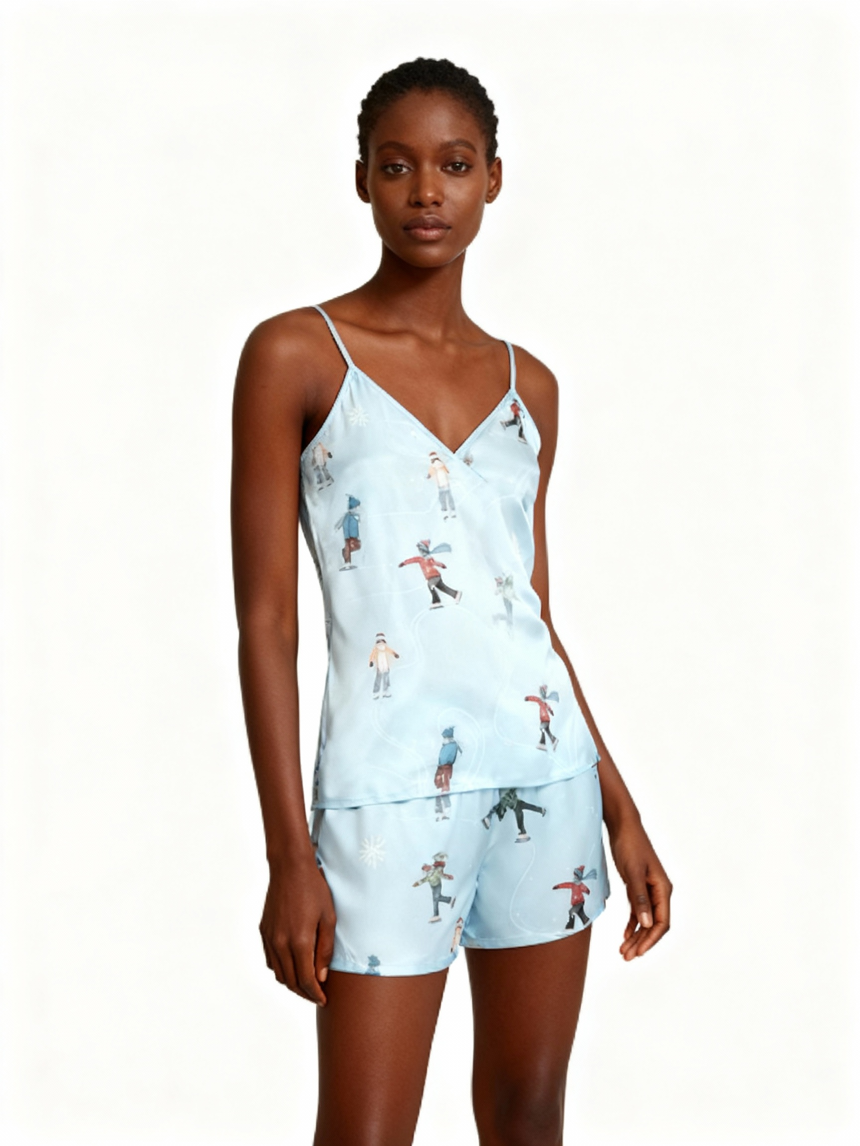 Elegant Satin Loungewear Trio with Skiing Cartoon Characters Motif