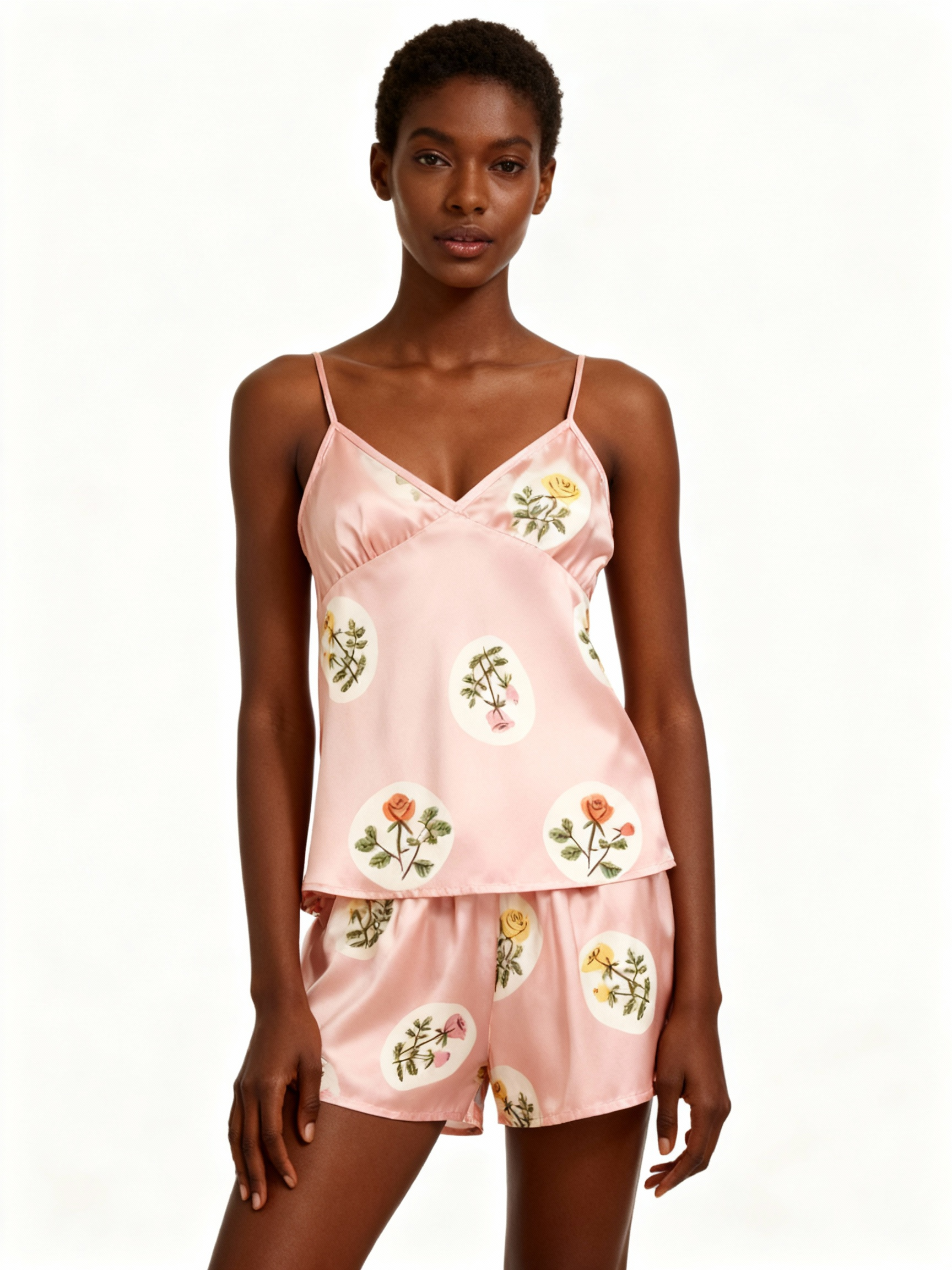 Elegant Pink Satin Loungewear Trio with Florals Design